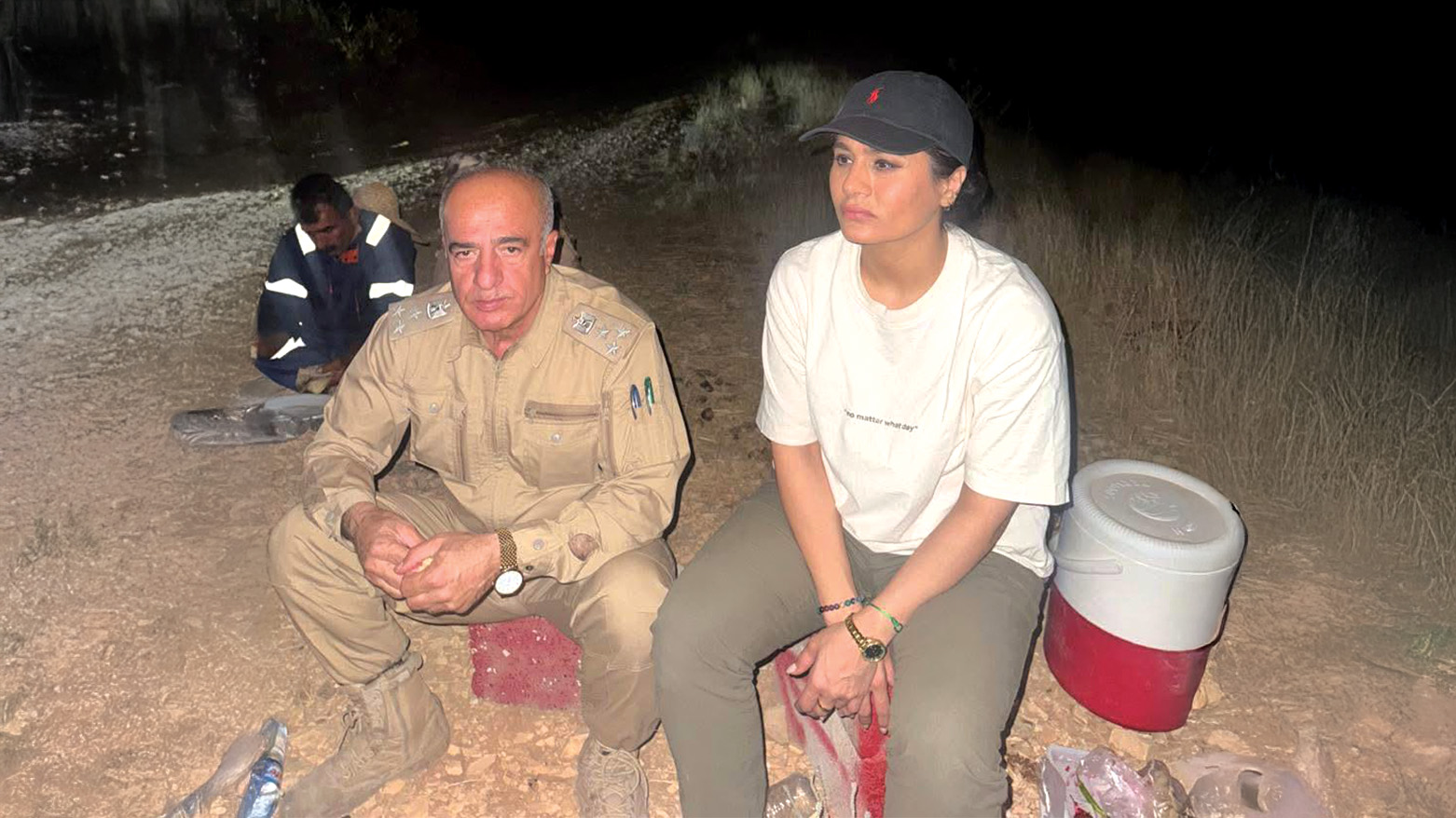 Halabja Governor Nukhsha Nasih, (R), and Halabja Civil Defense Chief Brigadier Abdin Abdulrahman at the site of the wildfire, Halabja, Kurdistan Region, August 18, 2025. (Photo: Kurdistan24)