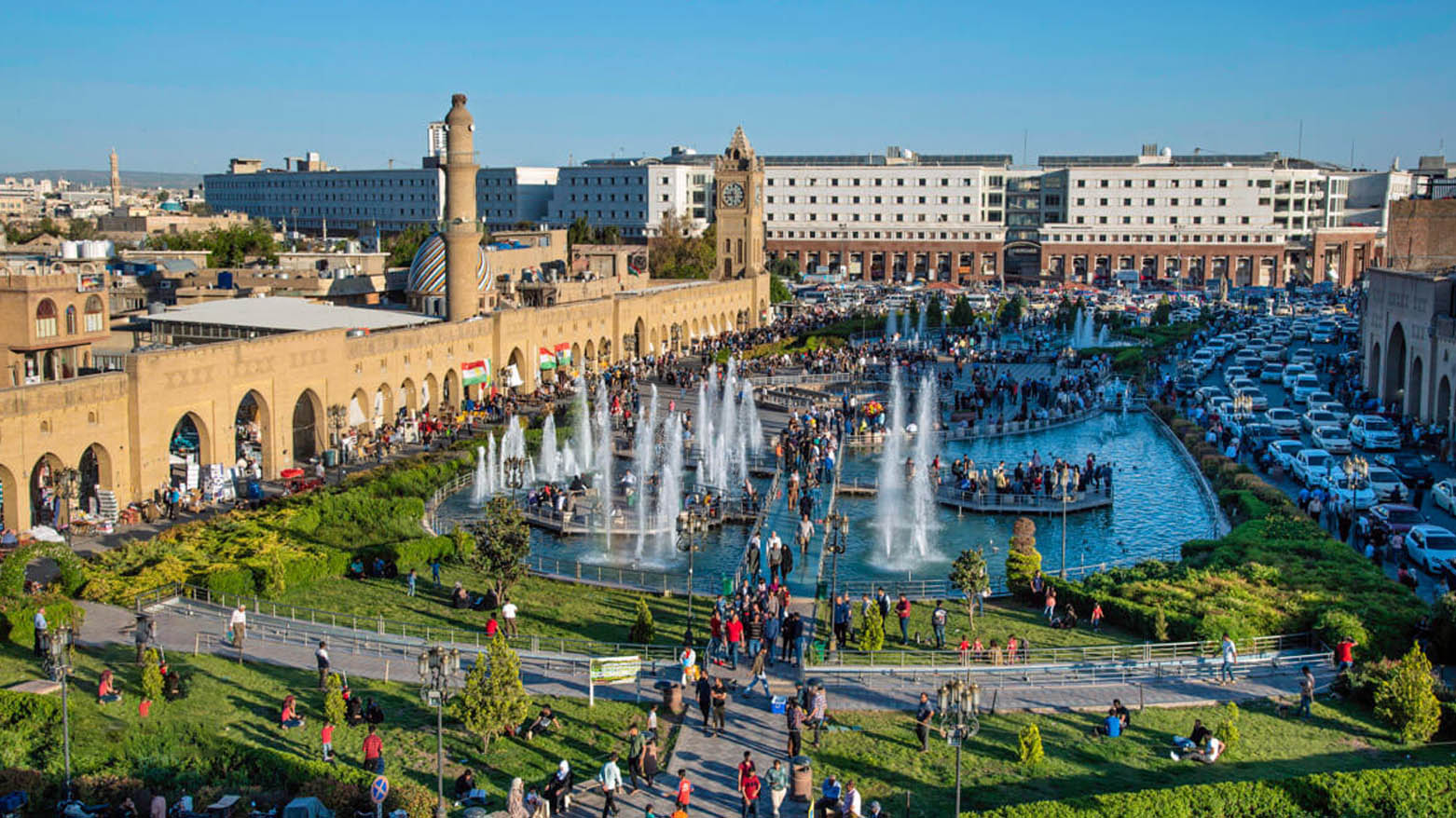 The photo shows the fountains of Shar Park in the heart of downtown Erbil. (Photo: Kurdistan24)