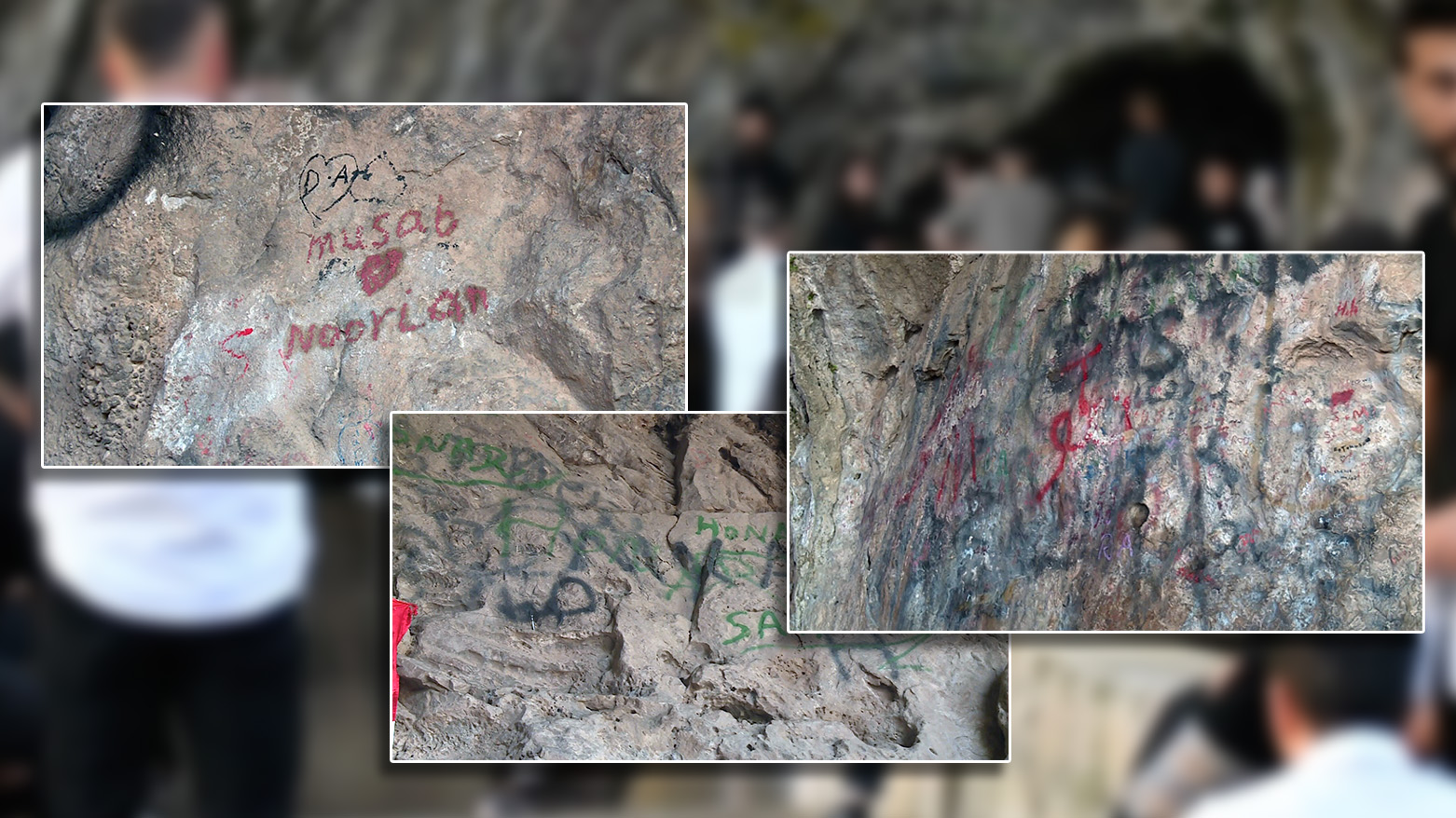 Three documented cases of vandalism inside Bahiri Cave are shown in the photo. (Photo: Kurdistan24)
