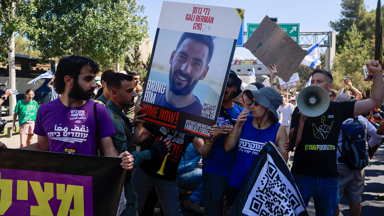 Families and supporters of Israelis held hostage by Hamas militants in Gaza since the Oct. 7, 2023 attacks. (AFP)