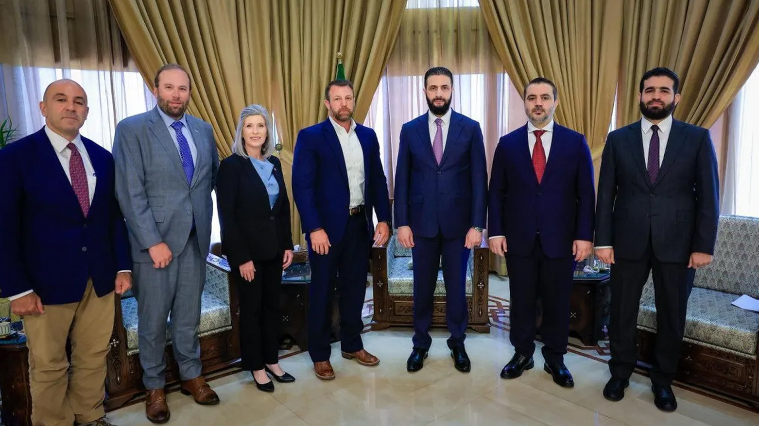 Syrian Interim President Ahmed al-Sharaa meets with a delegation of US Congress members, in the presence of Syrian government officials, in Damascus, Aug. 19, 2025. (Photo: SANA)