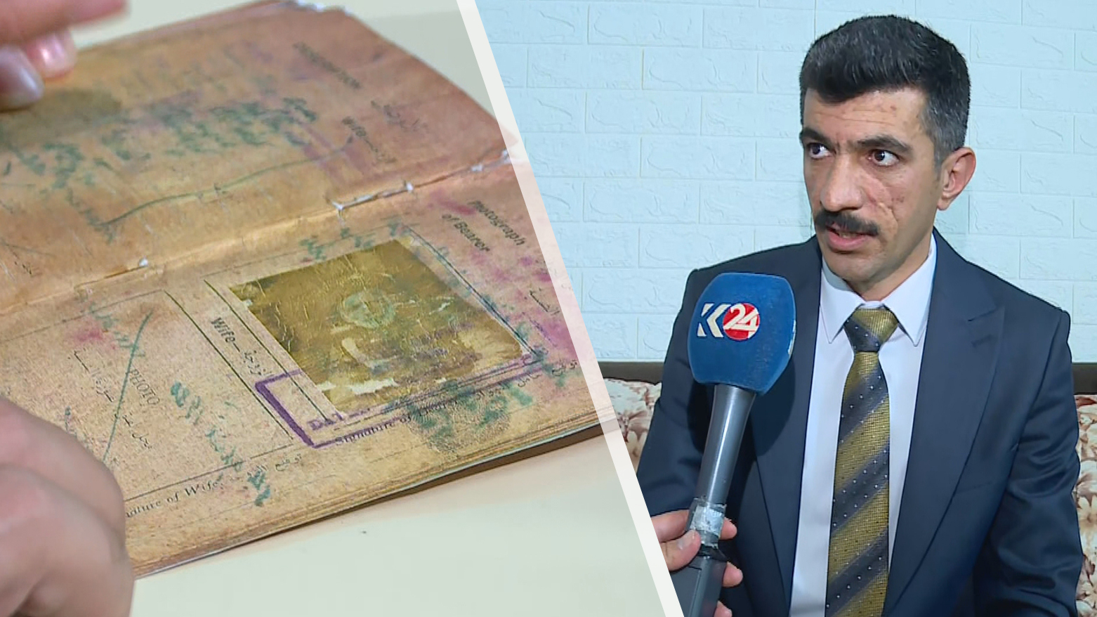 The 100-year-old passport (L) and a fifth-generation grandchild of Murad Ahmed (R) speaking with Kurdistan24. (Photo: Kurdistan24)