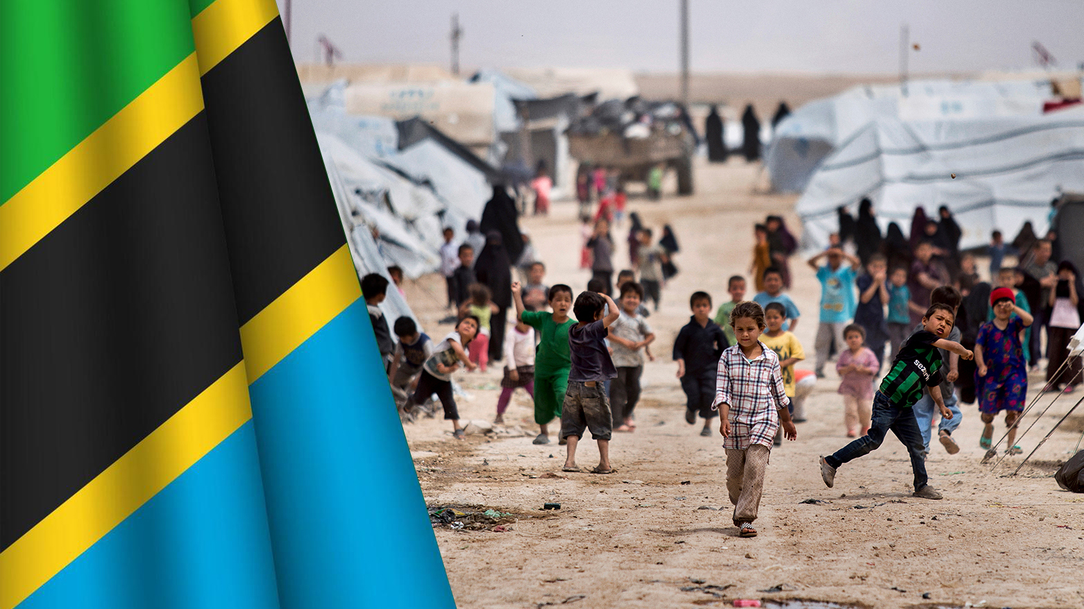 Tanzania's flag + An AP photo showing children playing outside their tents at the al-Hol camp. (Graphics: Kurdistan24)
