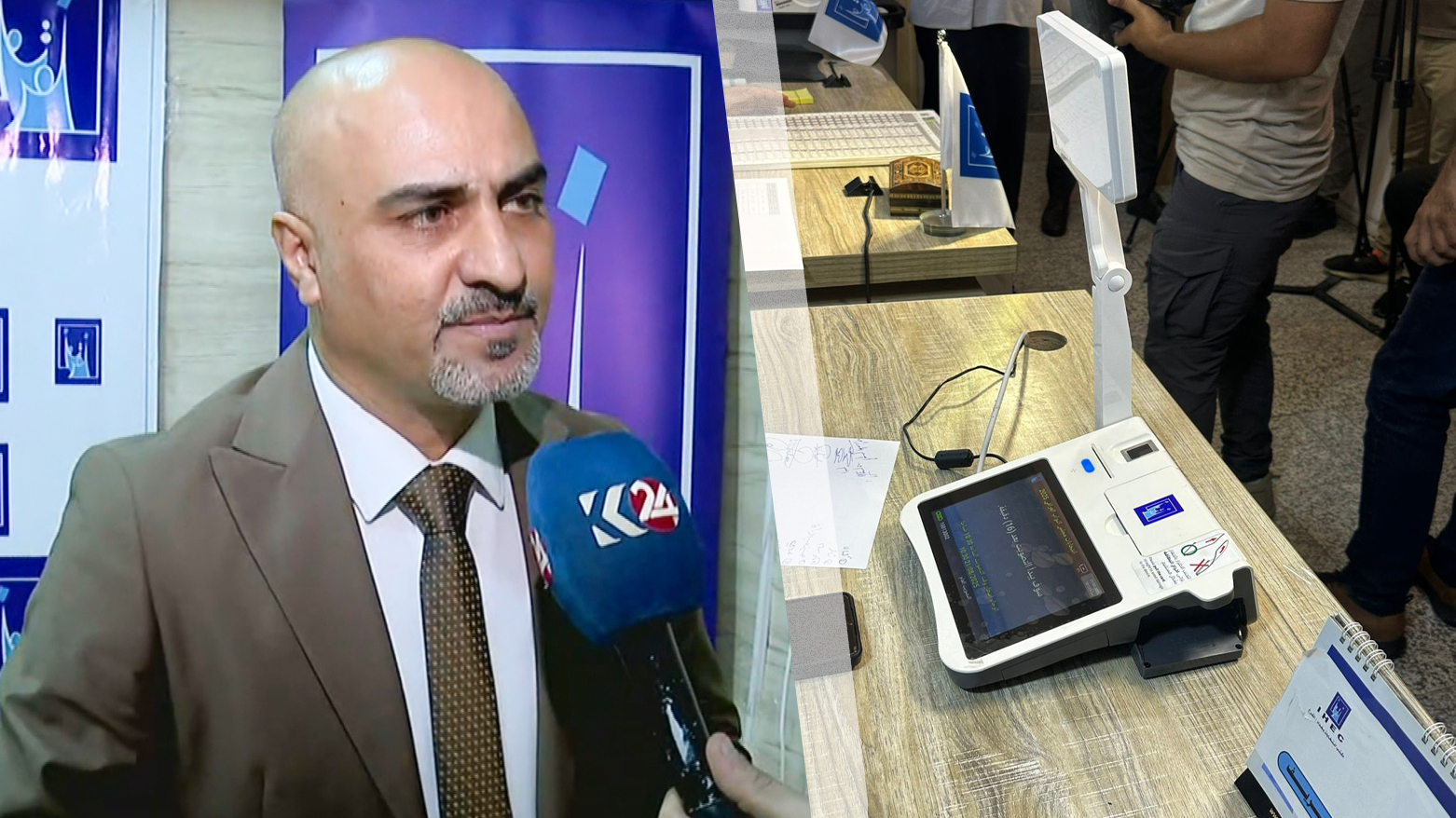 ئامێرێکی دەنگدان (ڕاست) و عەلی حوسێن، گوتەبێژی لقی کەرکووکی کۆمسیۆن (چەپ)