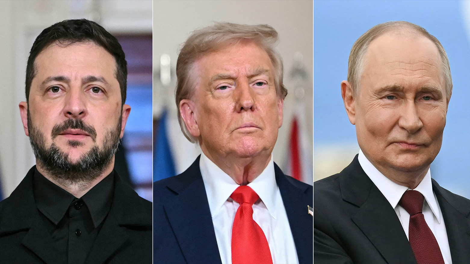 US President Donald Trump (C) and Ukrainian President Volodymyr Zelensky (L) in Washington, DC, on Aug. 18, 2025 and Russian President Vladimir Putin (R) in Alaska, on Aug. 15, 2025. (AFP)