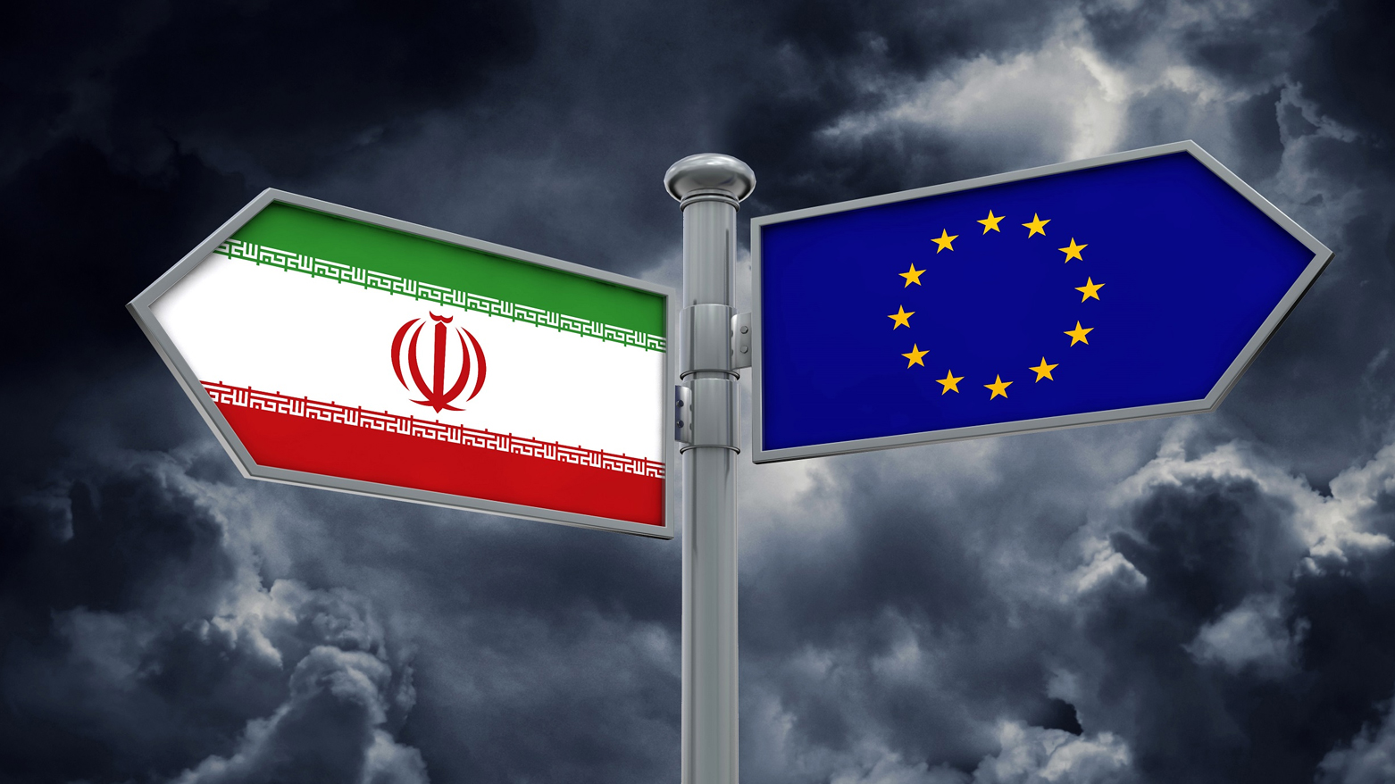 The flag of Iran (L), and the flag of European Union (R). (Photo: Social Media)