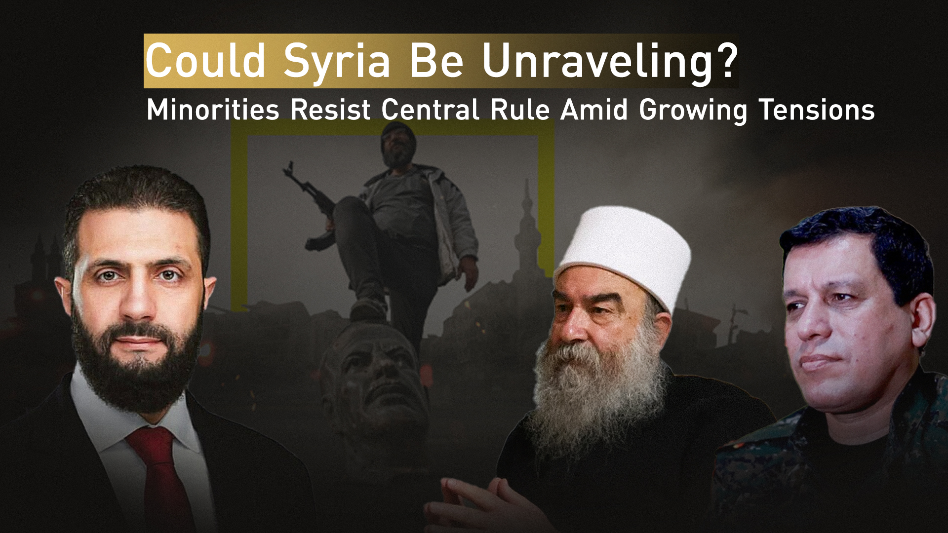 Syrian Interim President Ahmed al-Sharaa (L), Spiritual leader of the Druze community in Syria Hikmat al-Hijri (C), SDF commander Mazloum Abdi (R). (Graphic: Kurdistan24)