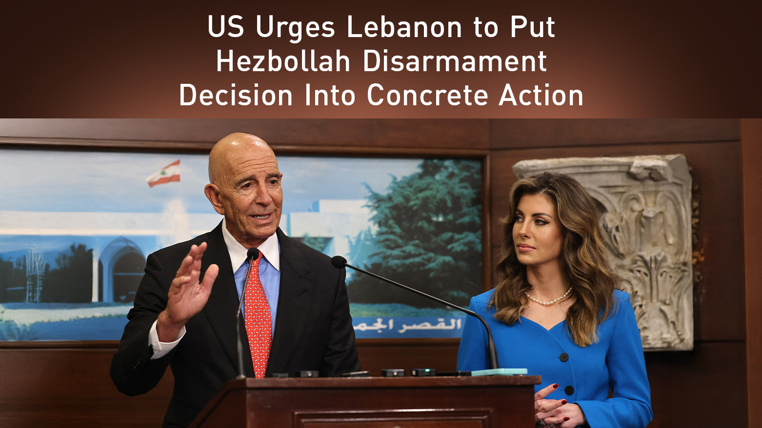 US ambassador to Turkey and special envoy for Syria Tom Barrack (L), US deputy Middle East envoy Morgan Ortagus, following a meeting with Lebanon's president at the Presidential Palace in Beirut, August 26, 2025.  (Photo: AFP)