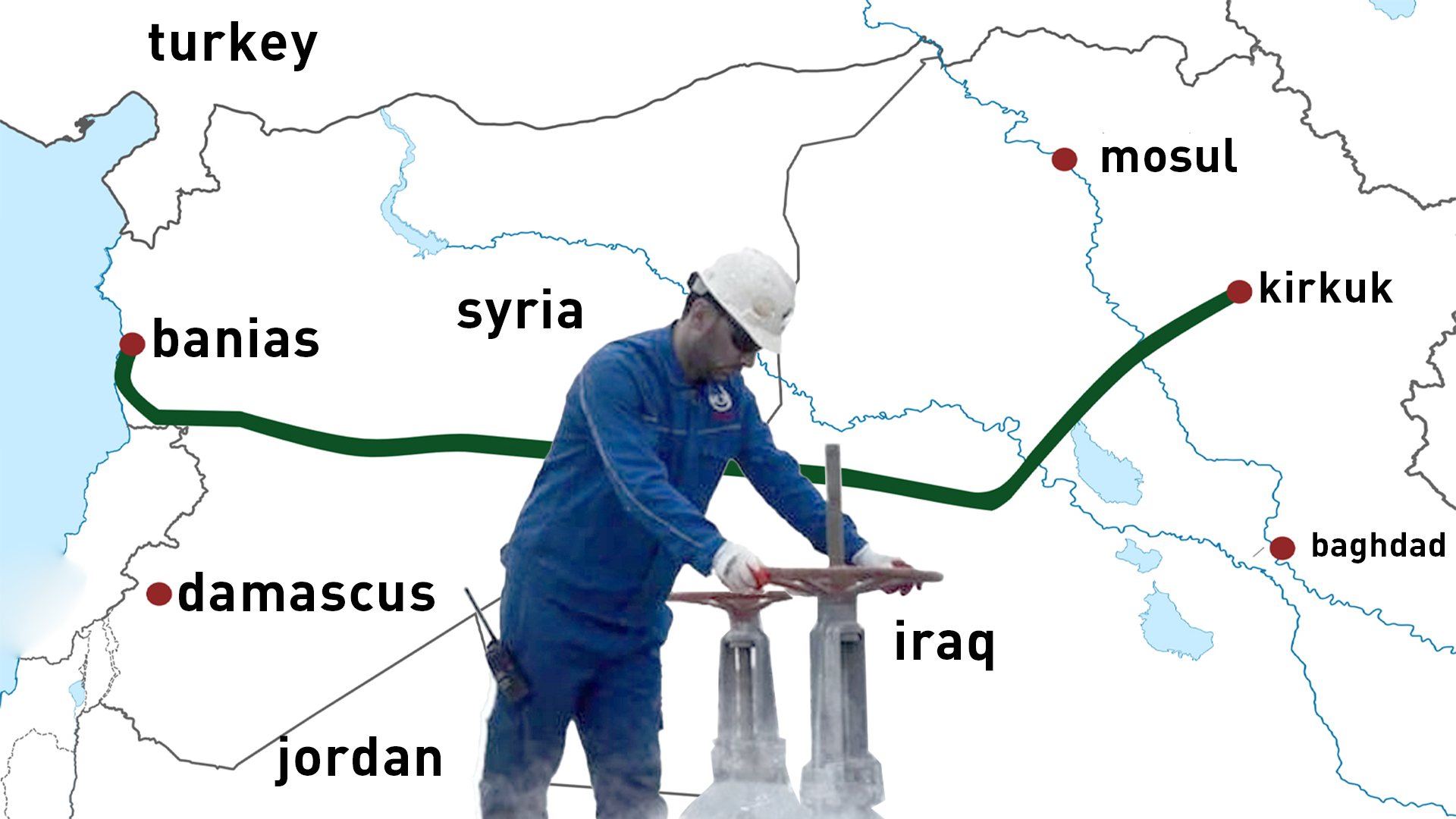 An oil field worker opens oil pipeline valves, and in the background Kirkuk–Baniyas oil pipeline extension line. (Graphic: Kurdistan24)