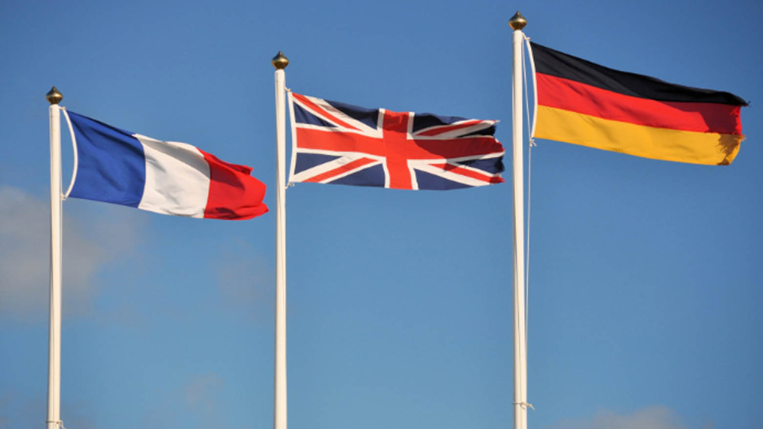 The flags of Germany (right) Britain (middle) and France. (Photo: Shutterstock)