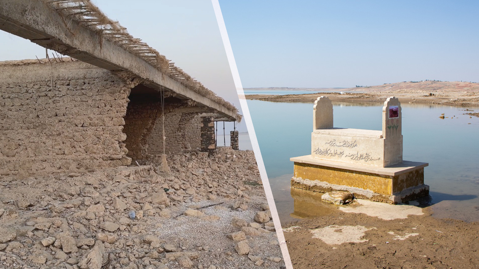 The photo shows the remains of an ancient city and a grave once submerged beneath Mosul Dam waters. (Photo: Kurdistan24)