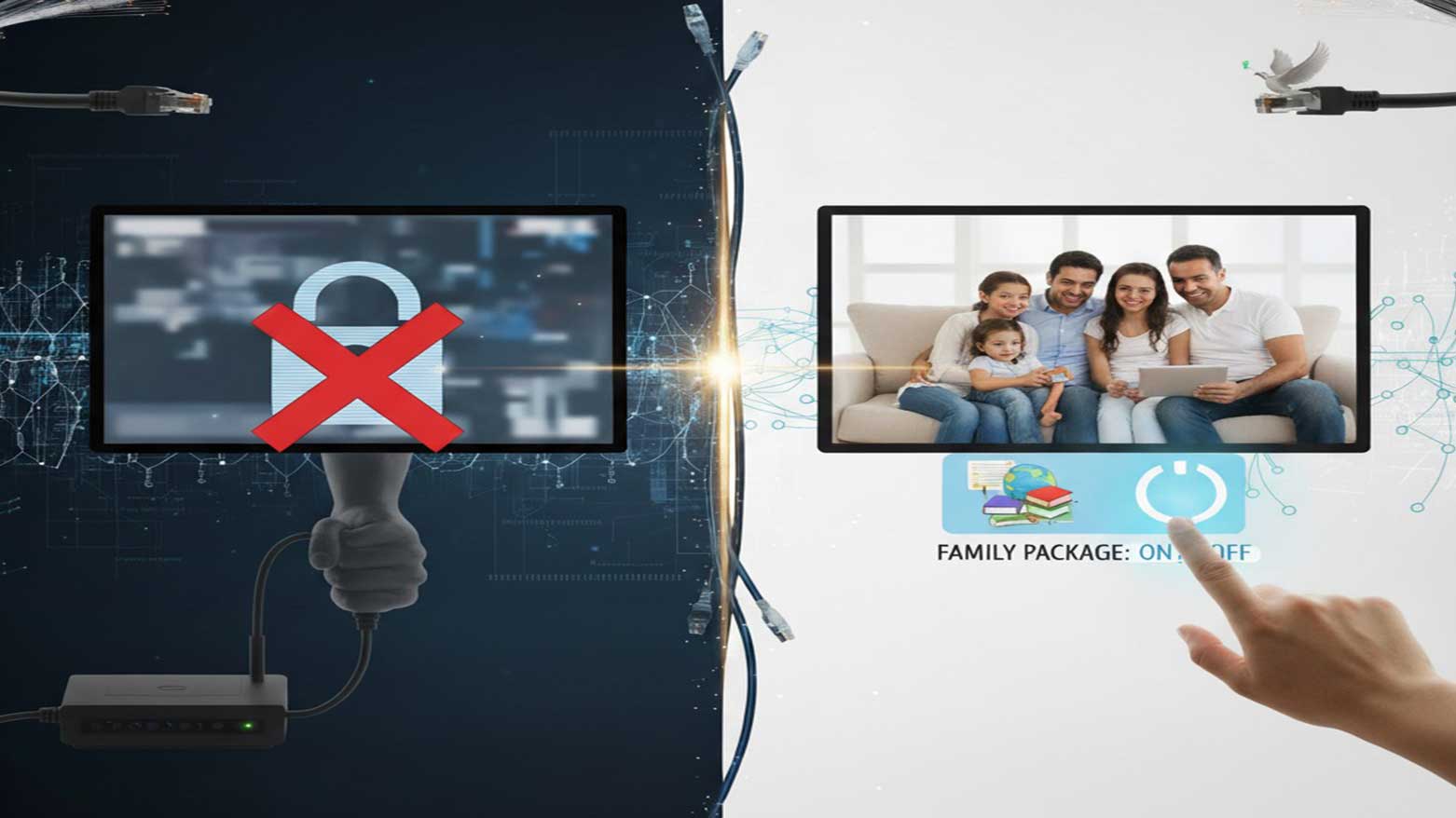 A graphic illustration highlights family internet packages in the Kurdistan Region, alongside Iraq’s nationwide ban on pornographic websites. (Graphics: Kurdistan24)