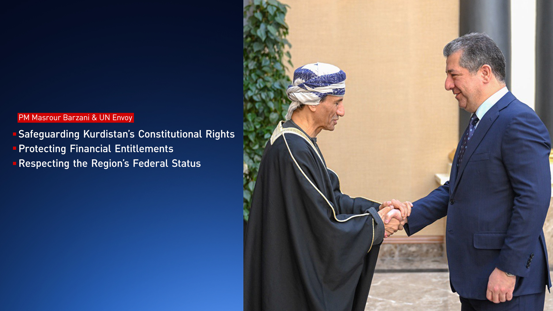 PM Masrour Barzani (R) shaking hands with top United Nations envoy in Iraq Mohammed al-Hassan (L). (Graphics: Kurdistan24)