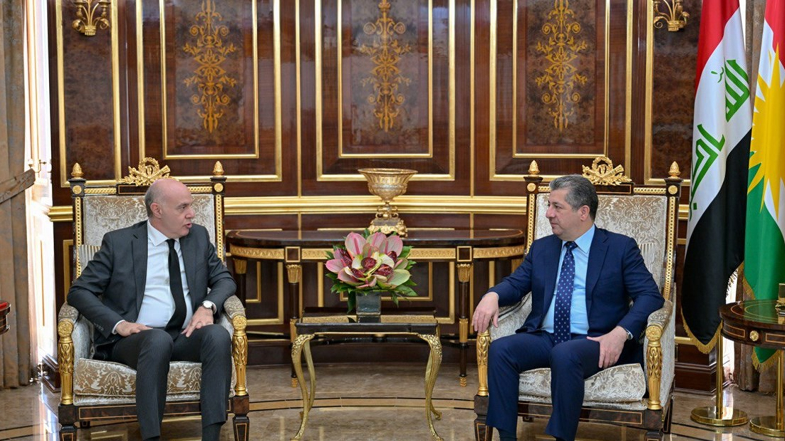 Kurdistan Region Prime Minister Masrour Barzani (right) during his meeting with Ali Riza Güney, Director General of Iraq and Iran Affairs at the Turkish Ministry of Foreign Affairs, Sept. 2, 2025. (Photo: KRG)