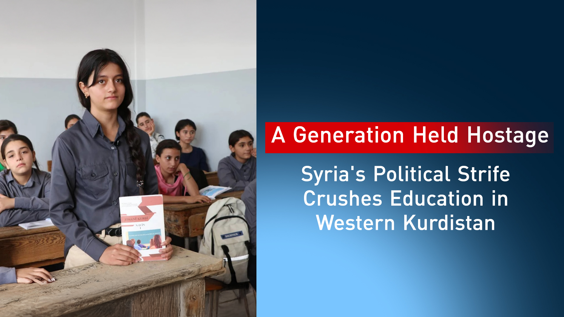 A Kurdish student holding a book in Kurdish language at Qamishlo, Western Kurdistan. (Graphic: Kurdistan24)