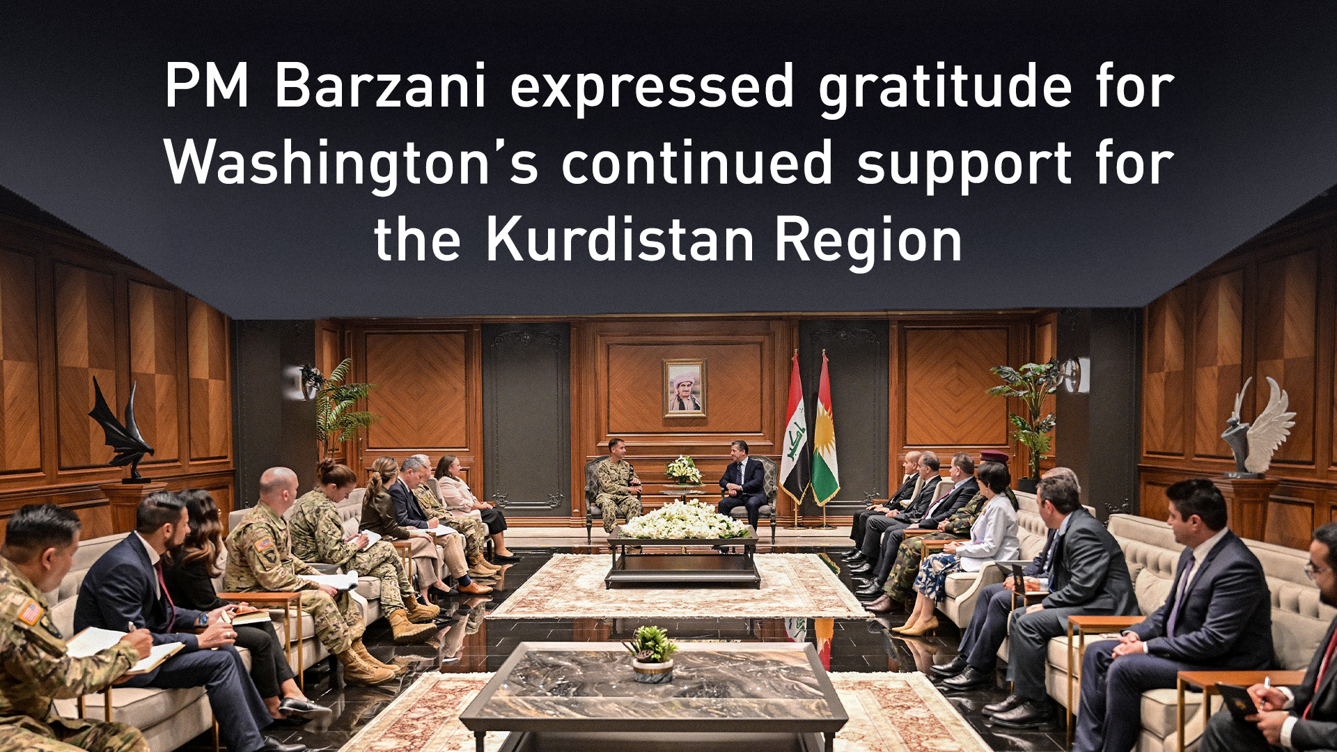 Kurdistan Region Prime Minister Masrour Barzani (right) during his meeting with Admiral Brad Cooper, the newly appointed Commander of the CENTCOM, Sept. 2, 2025. (Photo: Designed by Kurdistan24)