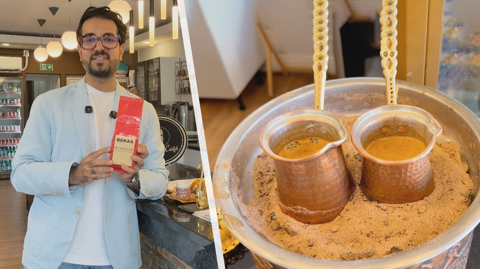 Kurdistan24’s Dilovan Emadaldin (L) alongside traditional Kurdish coffee brewing (R). (Photo: Kurdistan24)