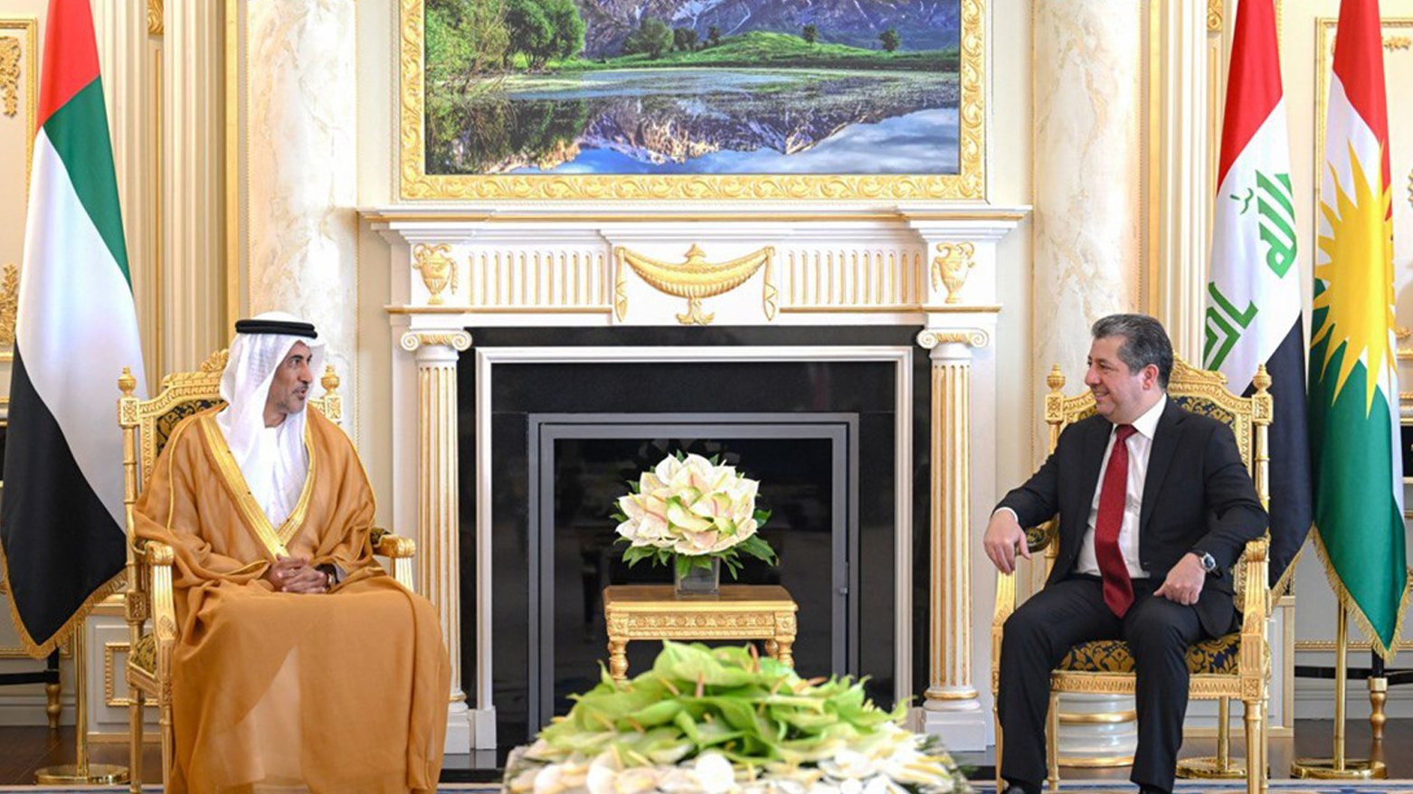 Kurdistan Region Prime Minister Masrour Barzani(right) during his meeting with Saeed Hajeri, Minister of State of the UAE, Sept. 11, 2025. (Photo: KRG)