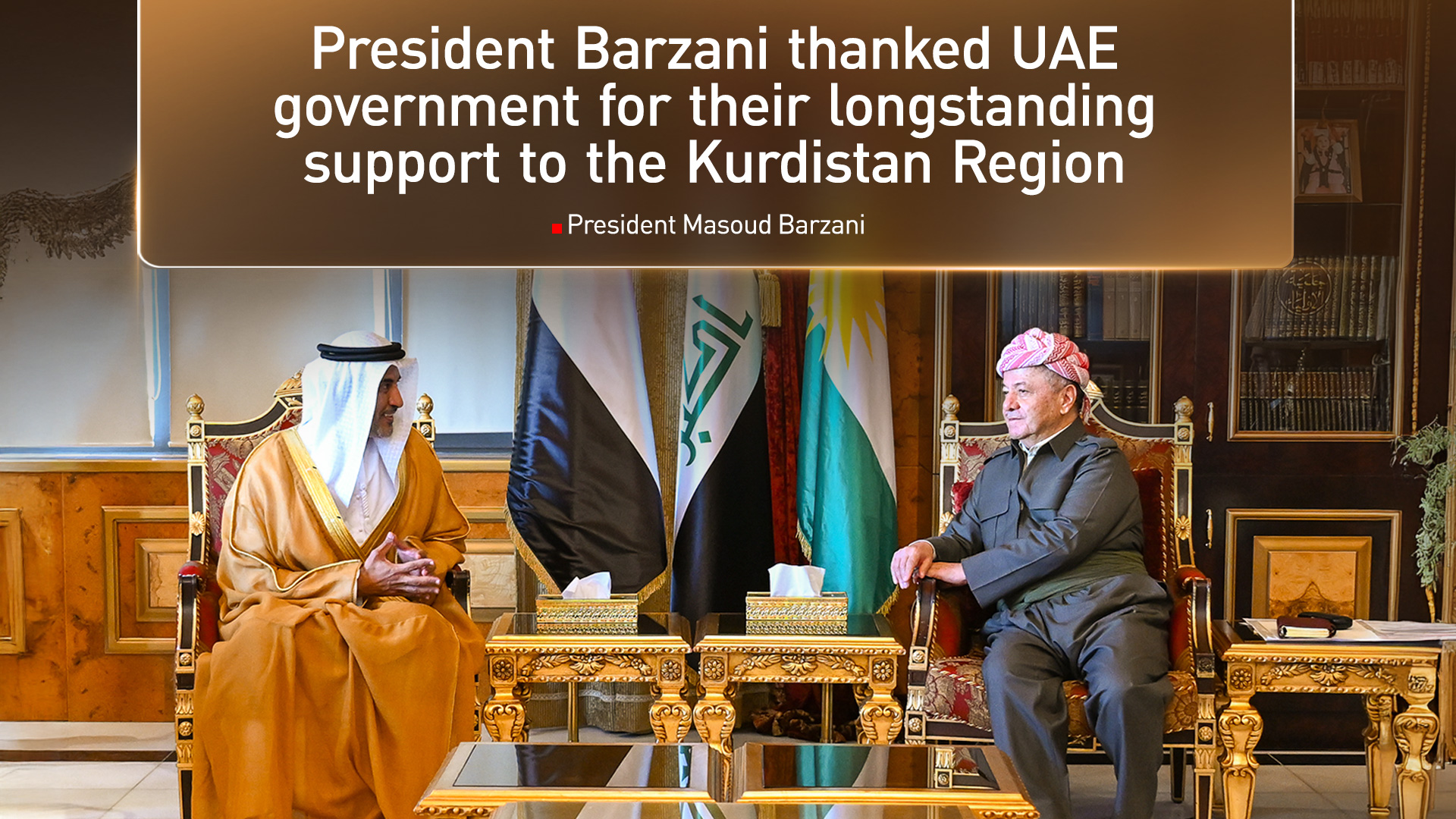 President Masoud Barzani (right) during his meeting with Saeed Hajeri, Minister of State of the UAE, Sept. 11, 2025. (Photo: Designed by Kurdistan24)