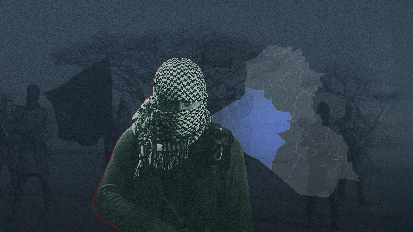 The image features a stylized illustration of a masked ISIS militant. (Graphics: Kurdistan24)