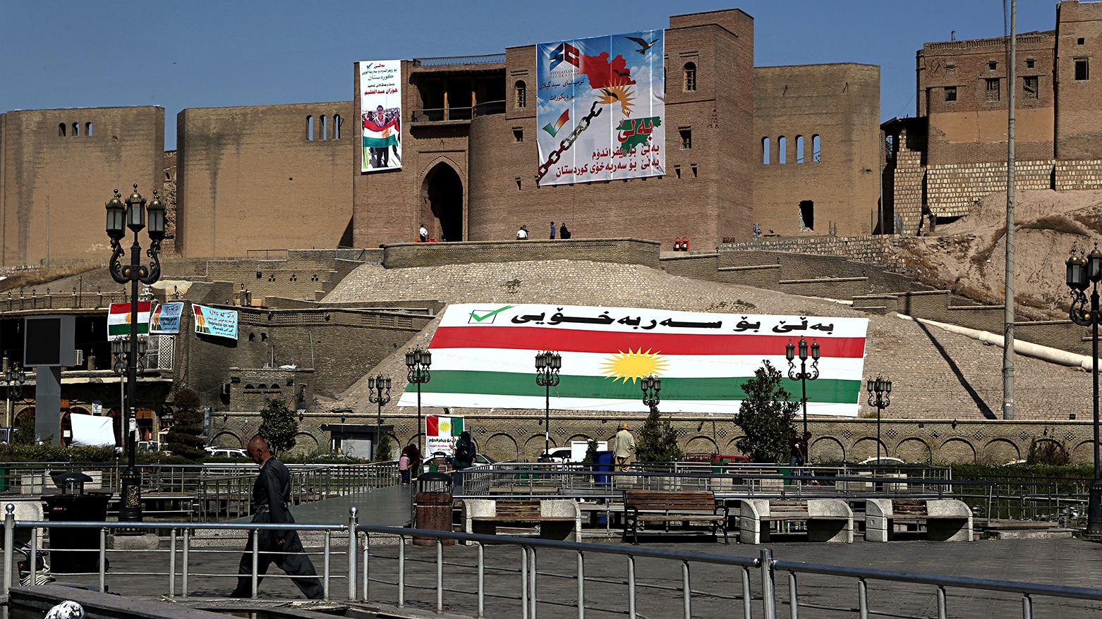 Kurdish flags and pro-independence items hang on Erbil's citadel, Sunday, Sept. 24, 2017. (AP)