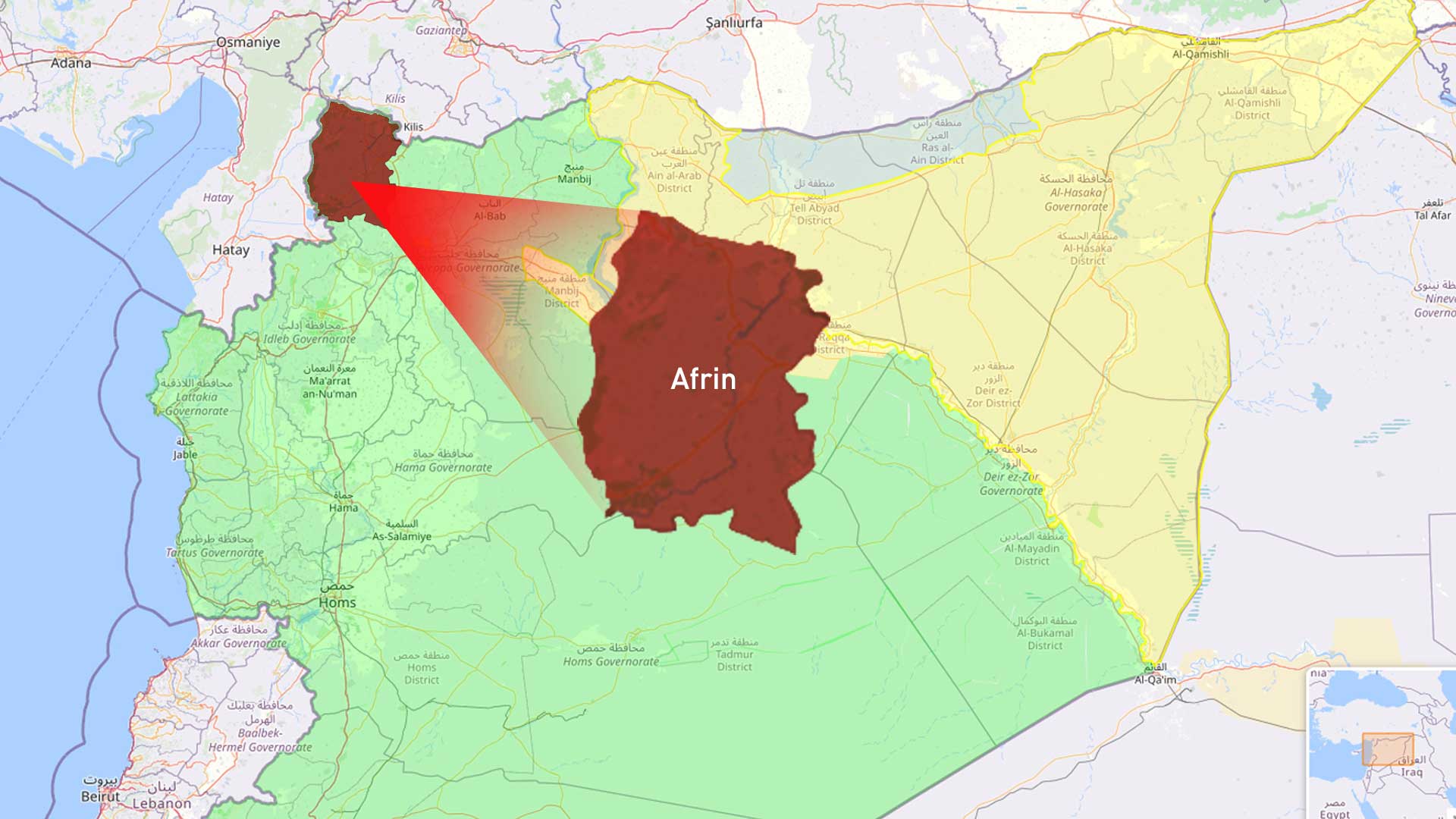 Image showing a map of Syria with Afrin area highlighted with red. (Graphic: Kurdistan24)