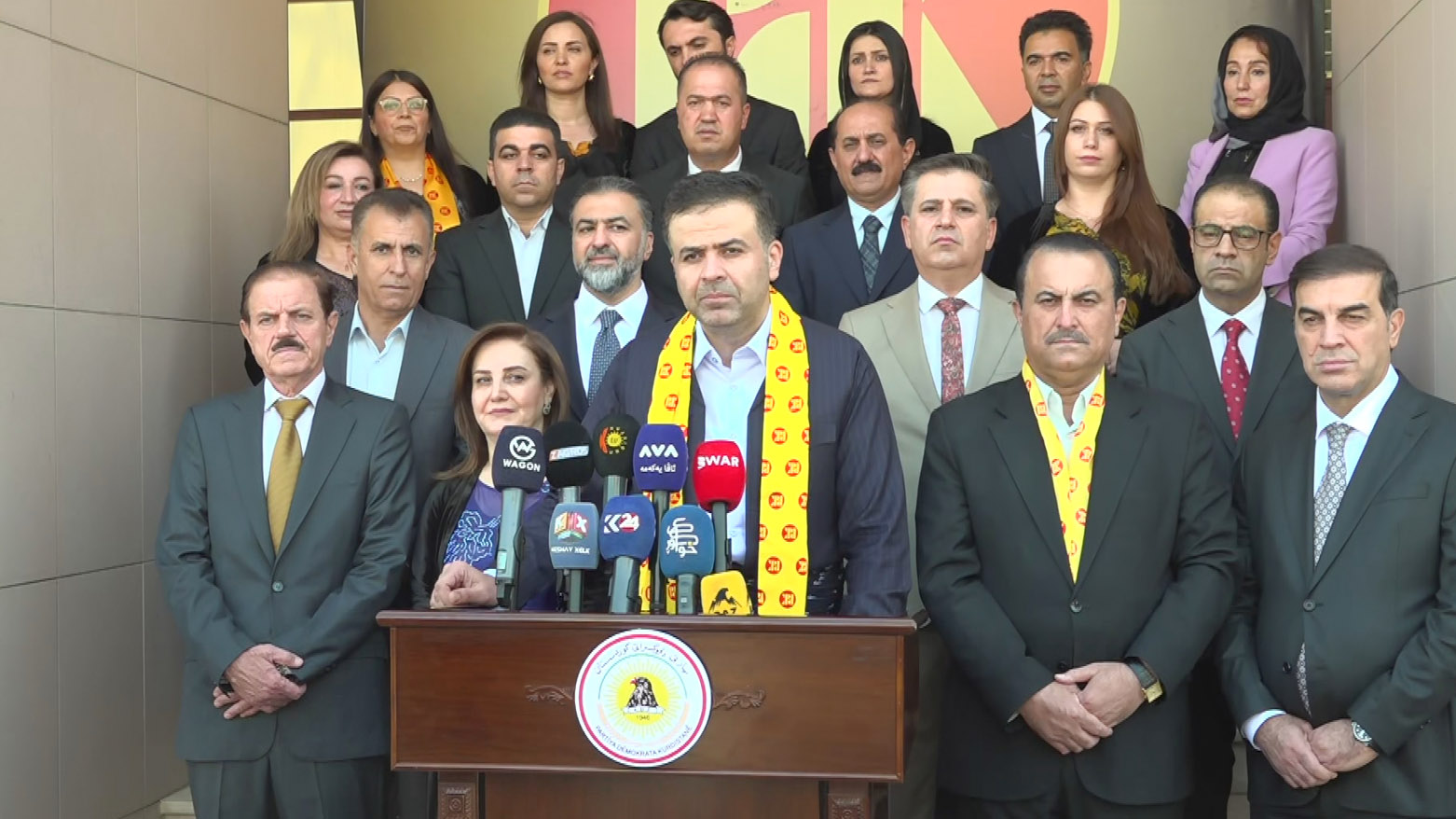 Erbil's KDP candidates with list leader Rebwar Hadi (C) at a press conference in Erbil. (Photo: Kurdistan24)