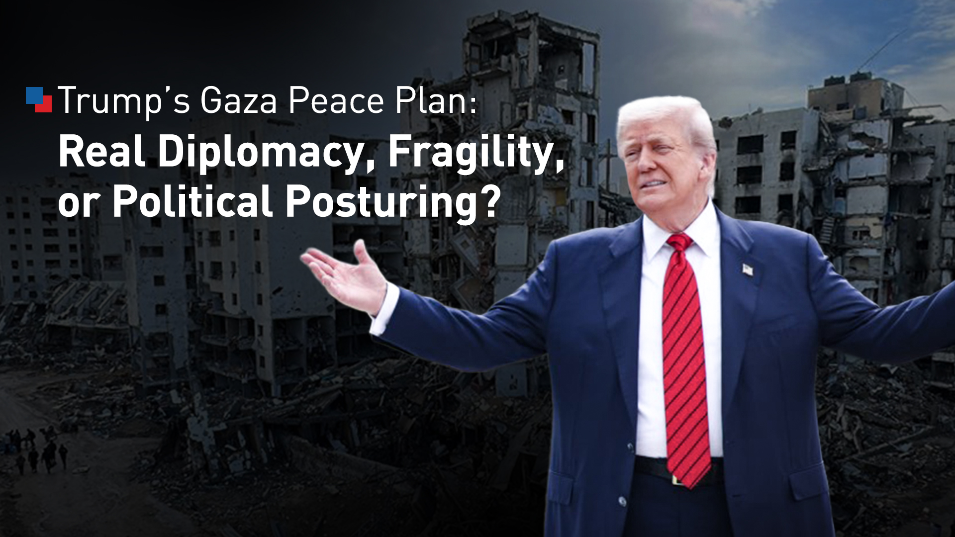 U.S. President Donald Trump; Gaza destruction is seen behind him. (Graphics: Kurdistan24)