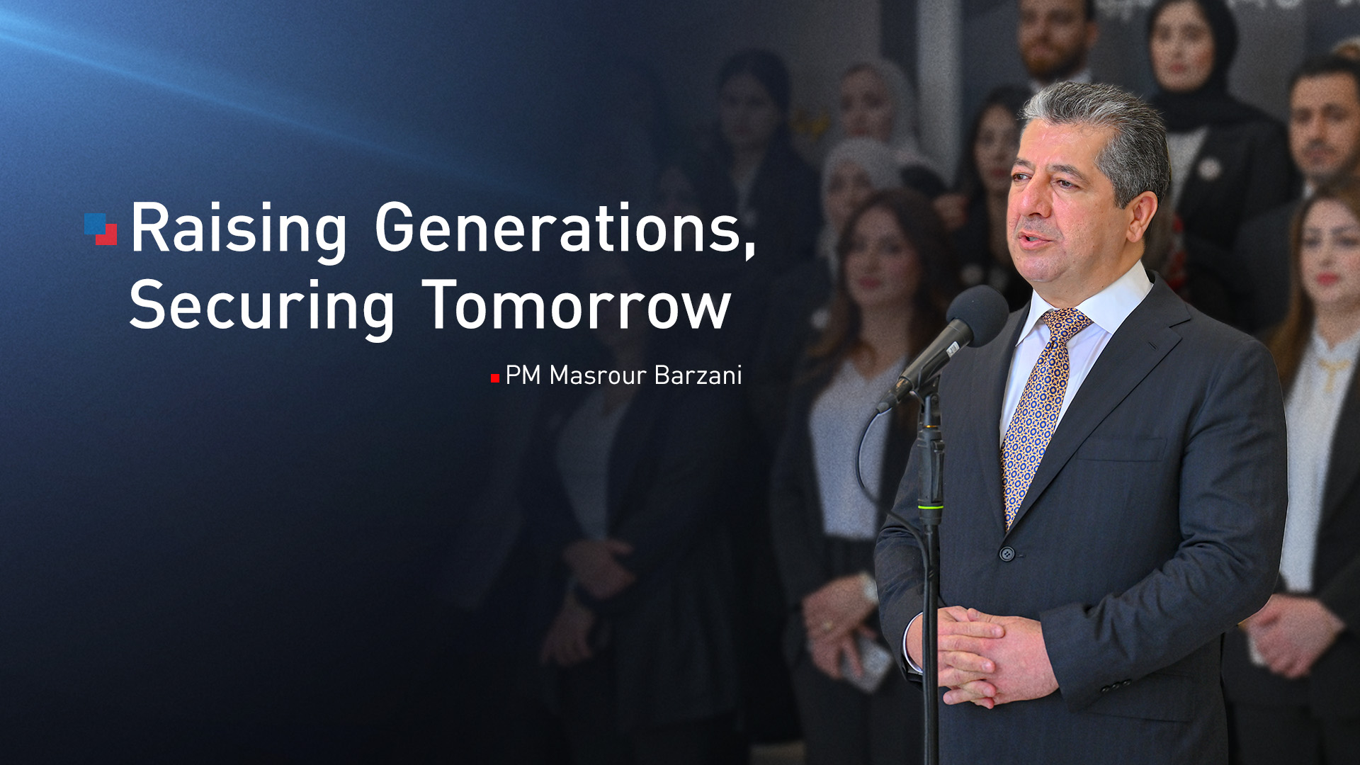 Kurdistan Region Prime Minister Masrour Barzani, speaking to teachers and students in Erbil, October 8, 2025. (Graphics: Kurdistan24)