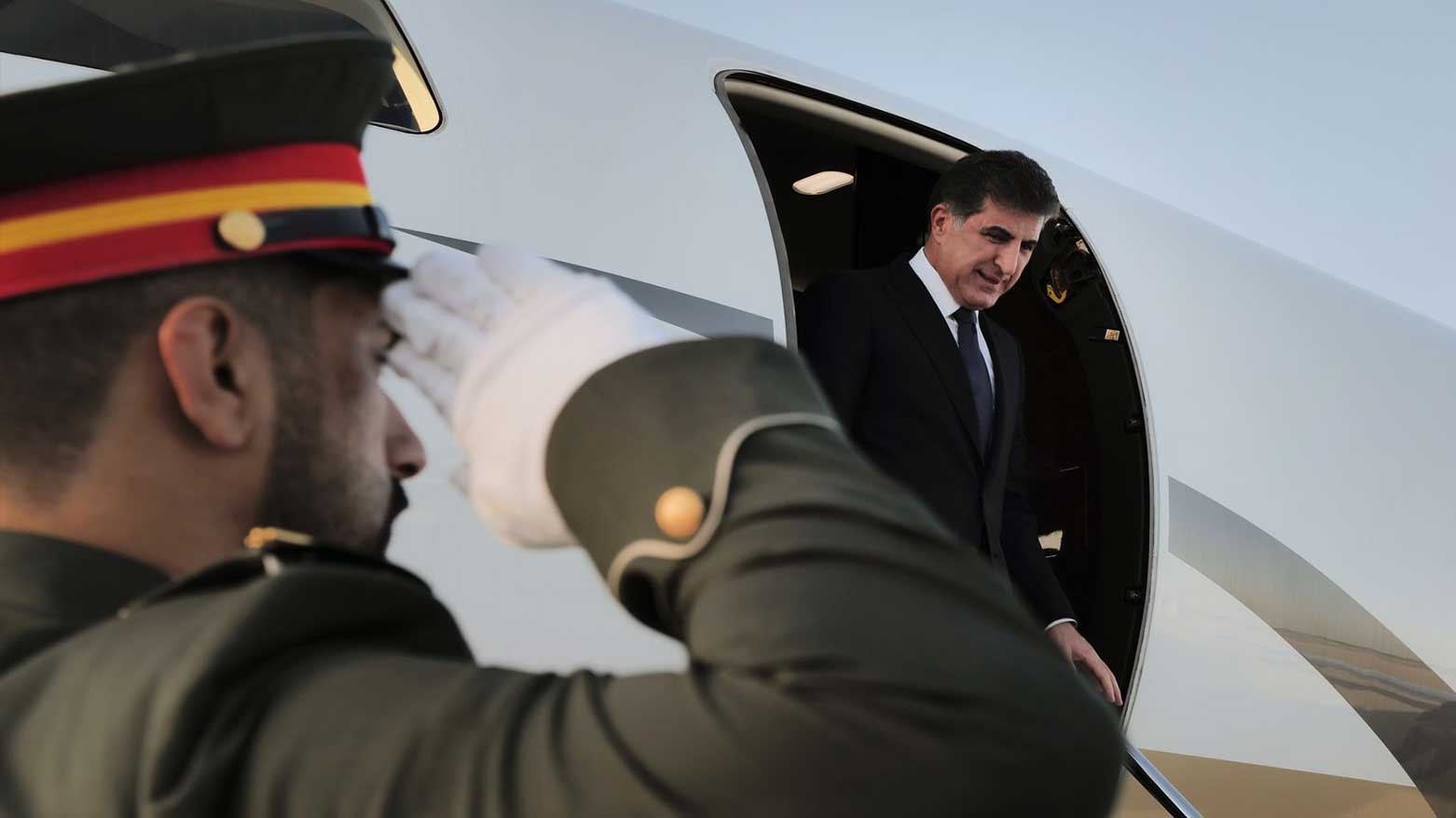 Nechirvan Barzani, President of the Kurdistan Region of Iraq, being saluted by a member of the honor guard upon his arrival in Dubai, UAE, Nov. 30, 2023. (Photo: Kurdistan24)