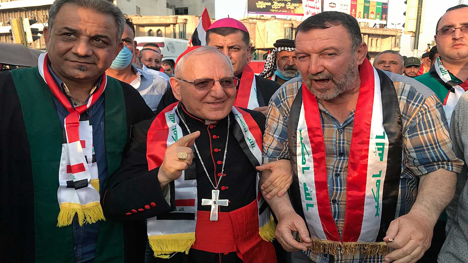 Cardinal Louis Raphael Sako, (C), patriarch of the Chaldean Catholic Church, visits Tahrir Square in Baghdad, Iraq, where antigovernmental protests was being held, Nov. 2, 2019. (Photo: AP)