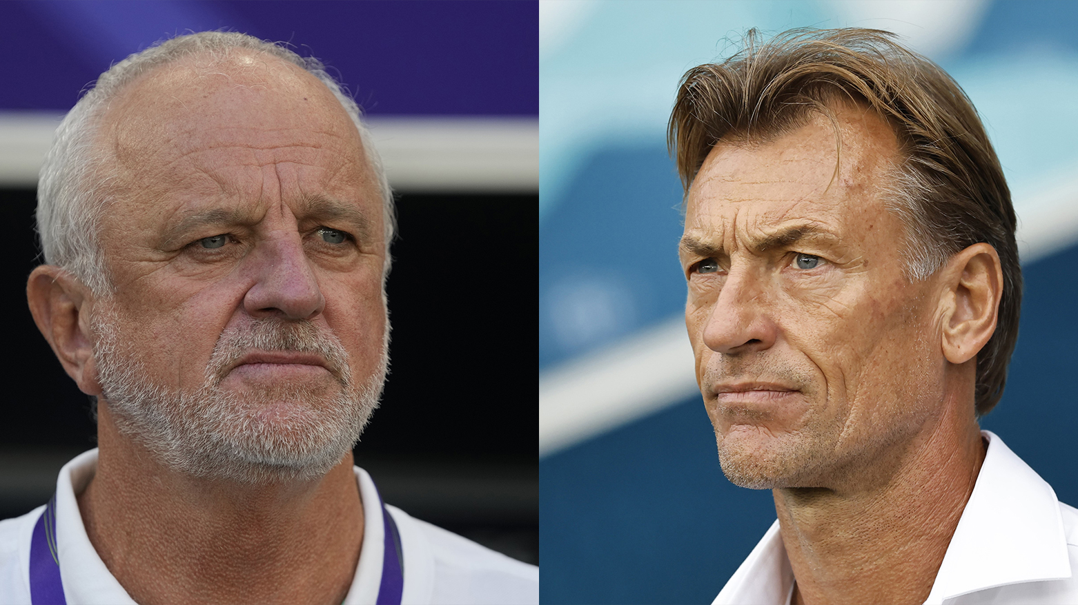 L-R: Iraq's National Team head coach Graham Arnold and Saudi Arabia's head coach Hervé Renard. (AP)