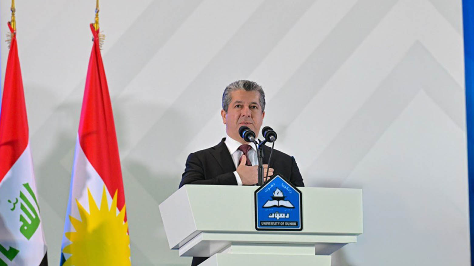 Kurdistan Region Prime Minister Masrour Barzani delivering the speech, Oct. 13, 2025. (Photo: Kurdistan24)