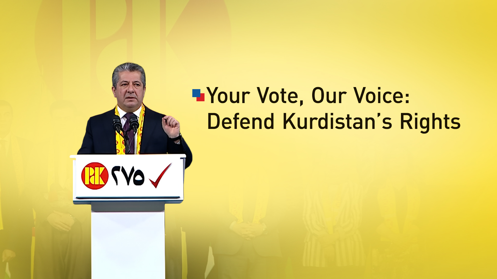 Kurdistan Democratic Party (KDP) Deputy Leader Masrour Barzani, speaking at a campaign rally for the KDP’s List 275 in Erbil, October 16, 2025. (Photo: Kurdistan24)