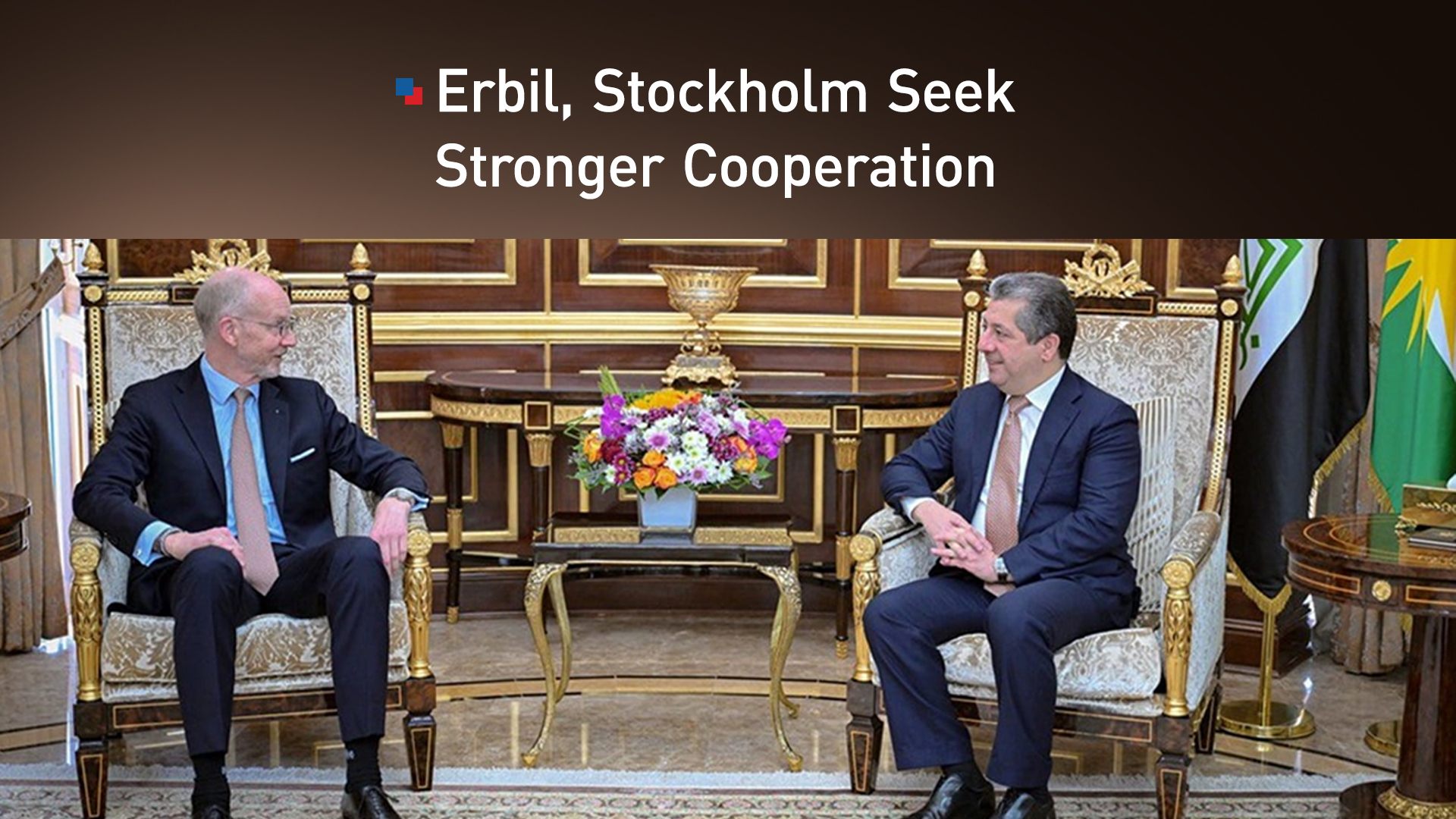 Kurdistan Region PM Masrour Barzani, (R), Jörgen Lindström, Sweden’s Chargé d’Affaires in Iraq, October 19, 2025. (Graphics: Kurdistan24)