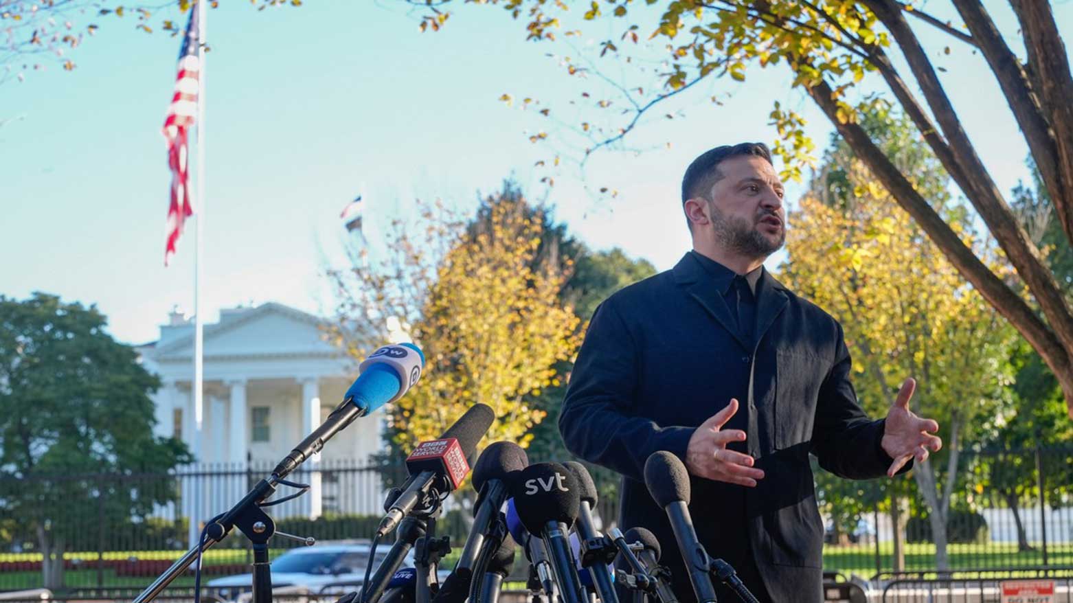 Ukraine's President Volodymyr Zelenskyy speaks to reporters in Lafayette Park across the street from the White House, following a meeting with President Donald Trump, Oct. 17, 2025. (Photo: AP)
