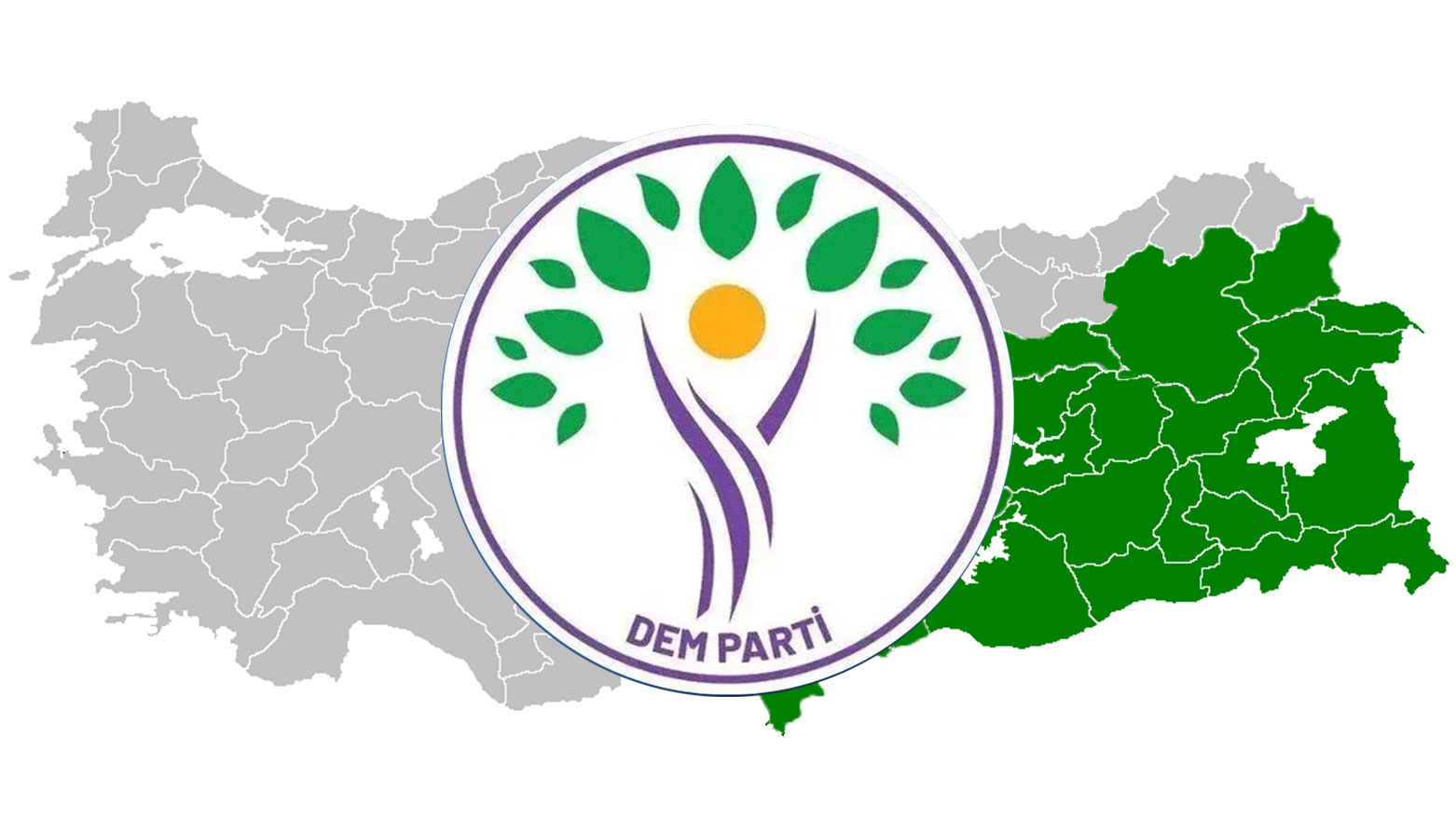 DEM Party's emblem overlaid on a map of the Turkish state with Kurdish provinces highlighted. (Graphic: Kurdistan24)