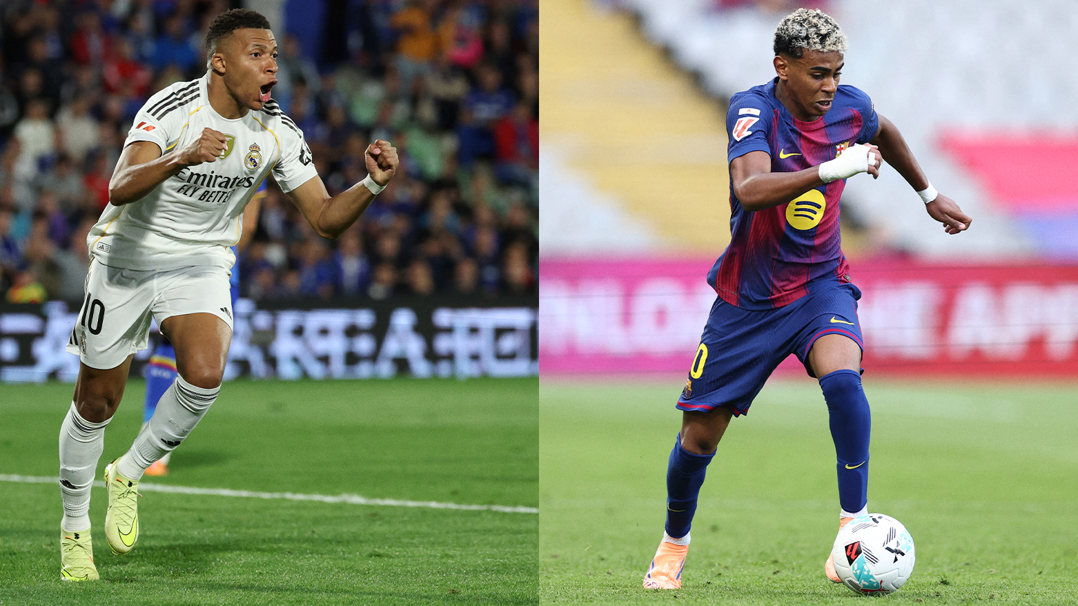 Real Madrid CF's Kylian Mbappé (L) and FC Barcelona's Lamine Yamal (R). (Photo: AFP)