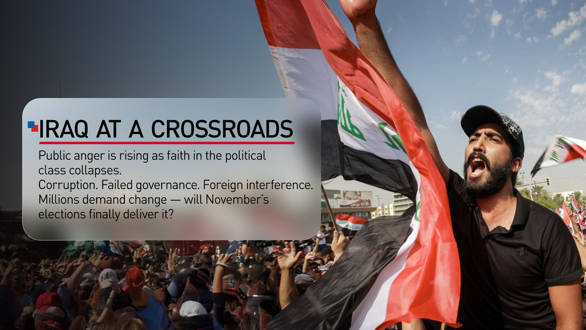 Iraqi youth rally in Baghdad during anti-government protests on October 3, 2019. (Graphics: Kurdistan24)