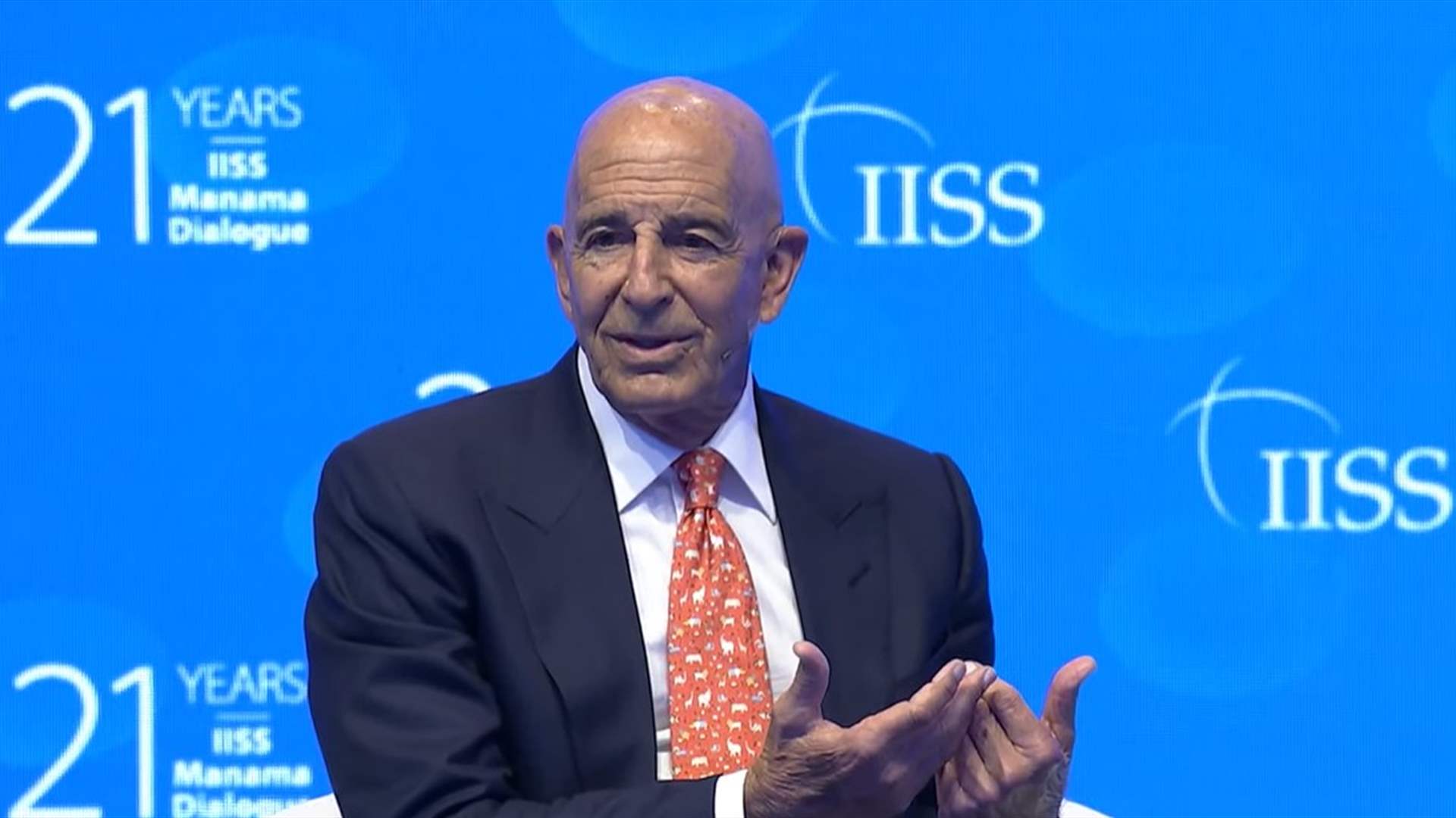 The United States Envoy for Syria, Tom Barrack, speaking at Manama Dialogue 2025, Nov. 1, 2025. (Photo: IISS)
