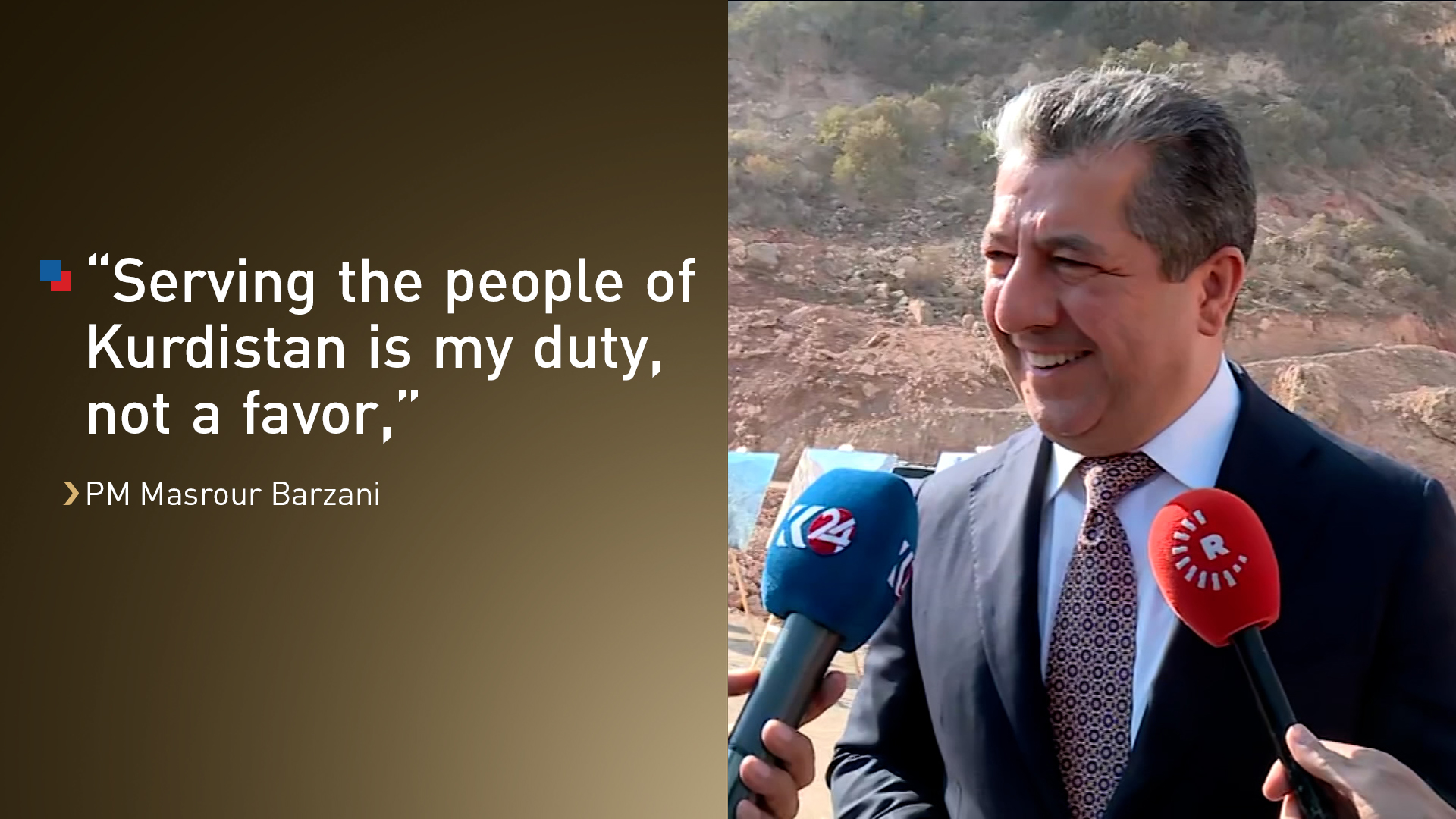 Kurdistan Region Prime Minister Masrour Barzani, speaking to Kurdistan24 at Dwin Dam construction site, Nov. 6, 2025. (Photo: Kurdistan24)