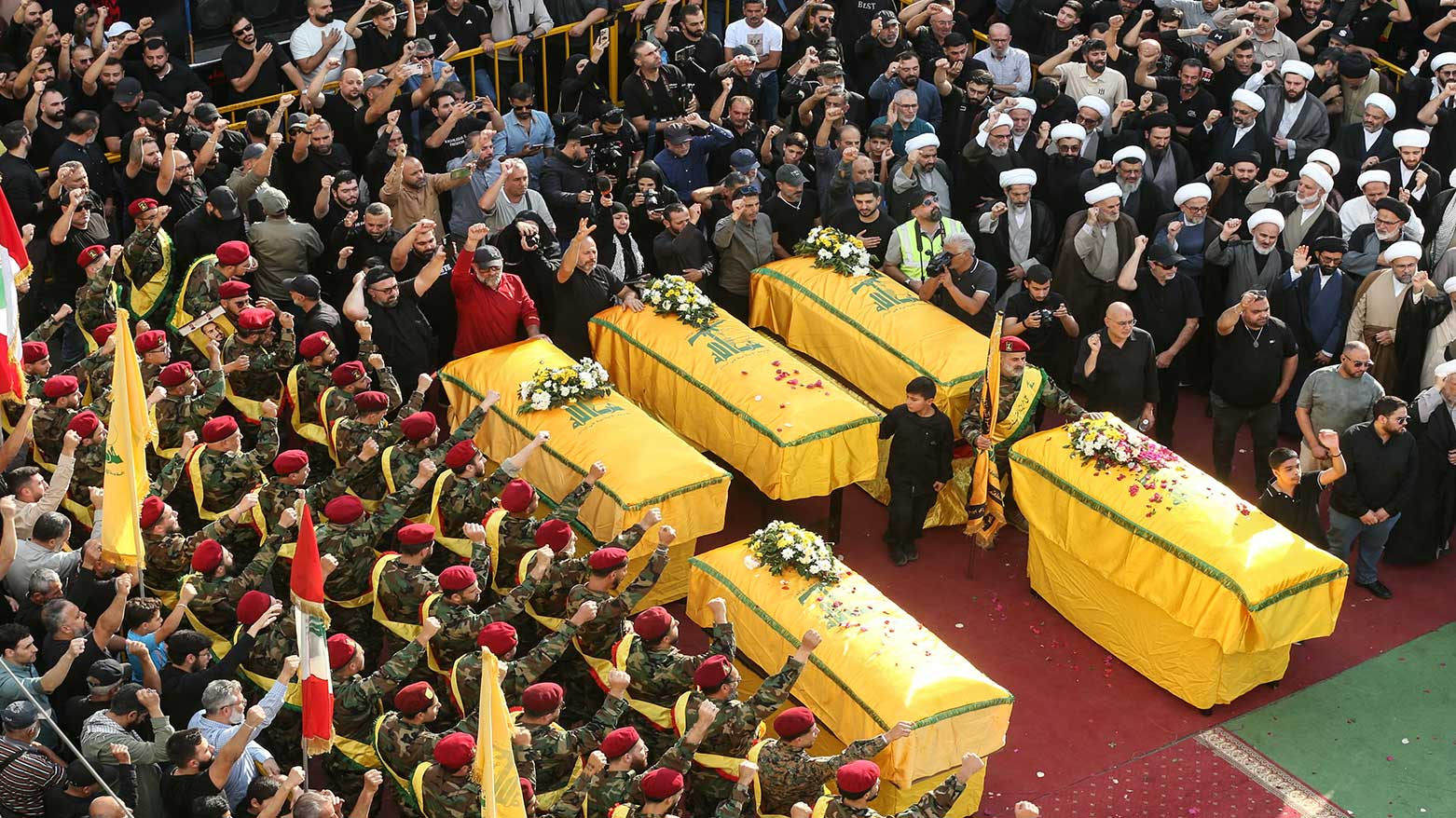 Lebanon's Hezbollah members gather around the coffins of their militants killed in recent Israeli attacks during their funeral in Nabatiyeh city, Lebanon, November 2, 2025. (Photo: AFP)