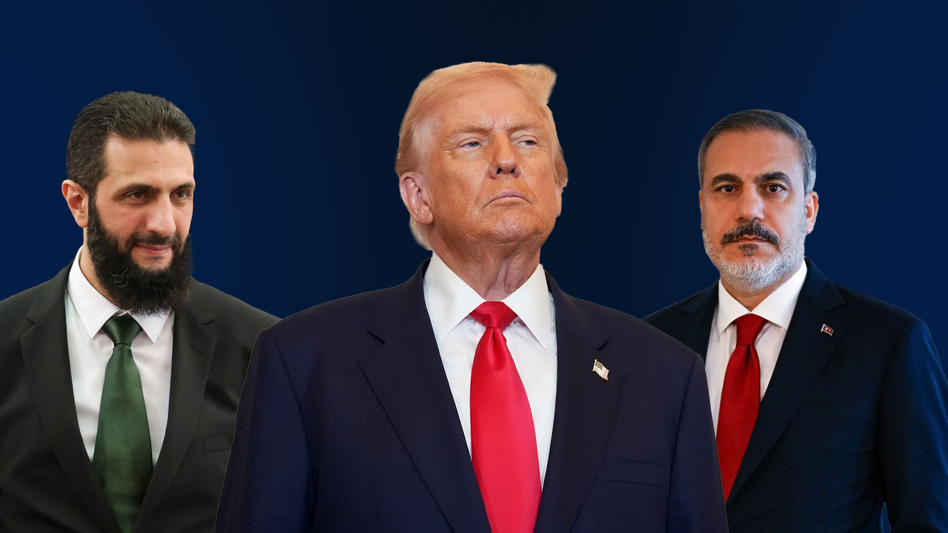 U.S. President Donald Trump (C), Syrian Interim President Ahmed al-Sharaa (L), Turkish FM Hakan Fidan (R). (Graphic: Kurdistan24)