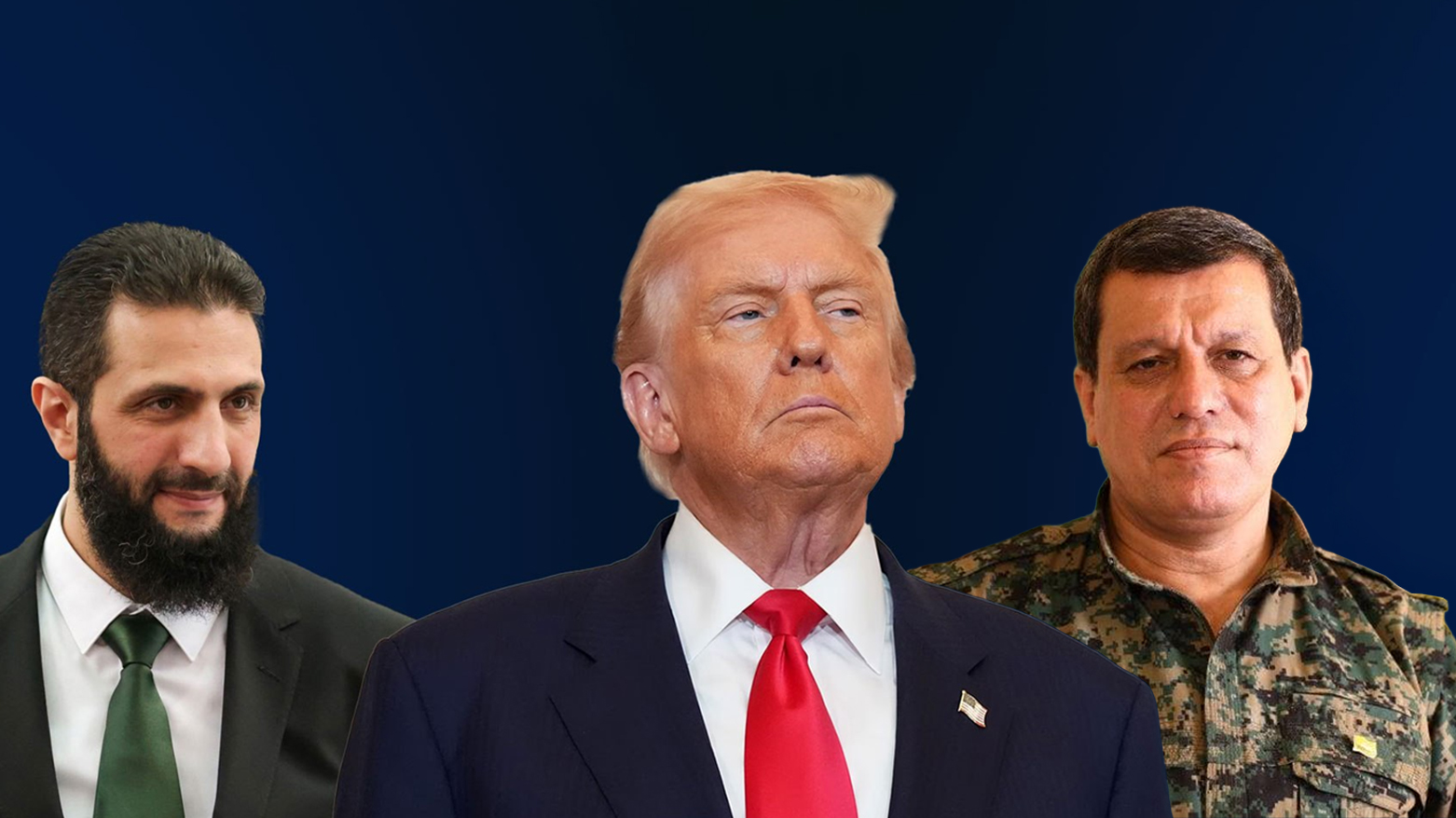 U.S. President Donald Trump (C), Syrian Interim President Ahmed al-Sharaa (L), SDF Commander Mazloum Abdi (R). (Graphic: Kurdistan24)