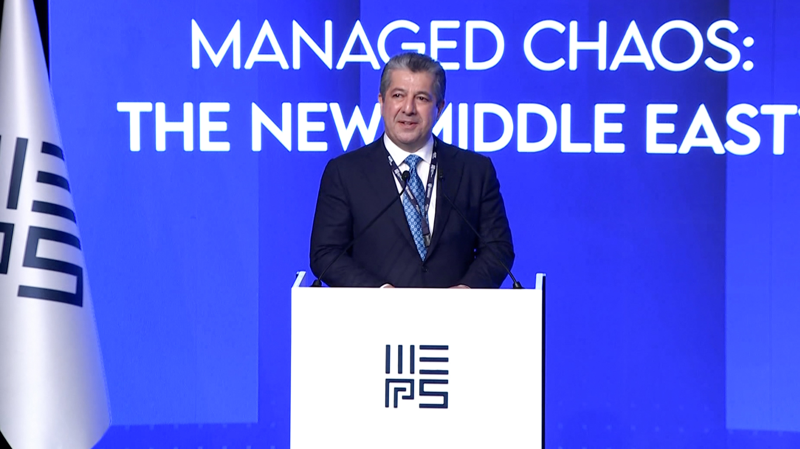 Kurdistan Region Prime Minister Masrour Barzani, delivering the opening address at the Sixth MEPS 2025, Nov. 18, 2025. (Photo: Kurdistan24)