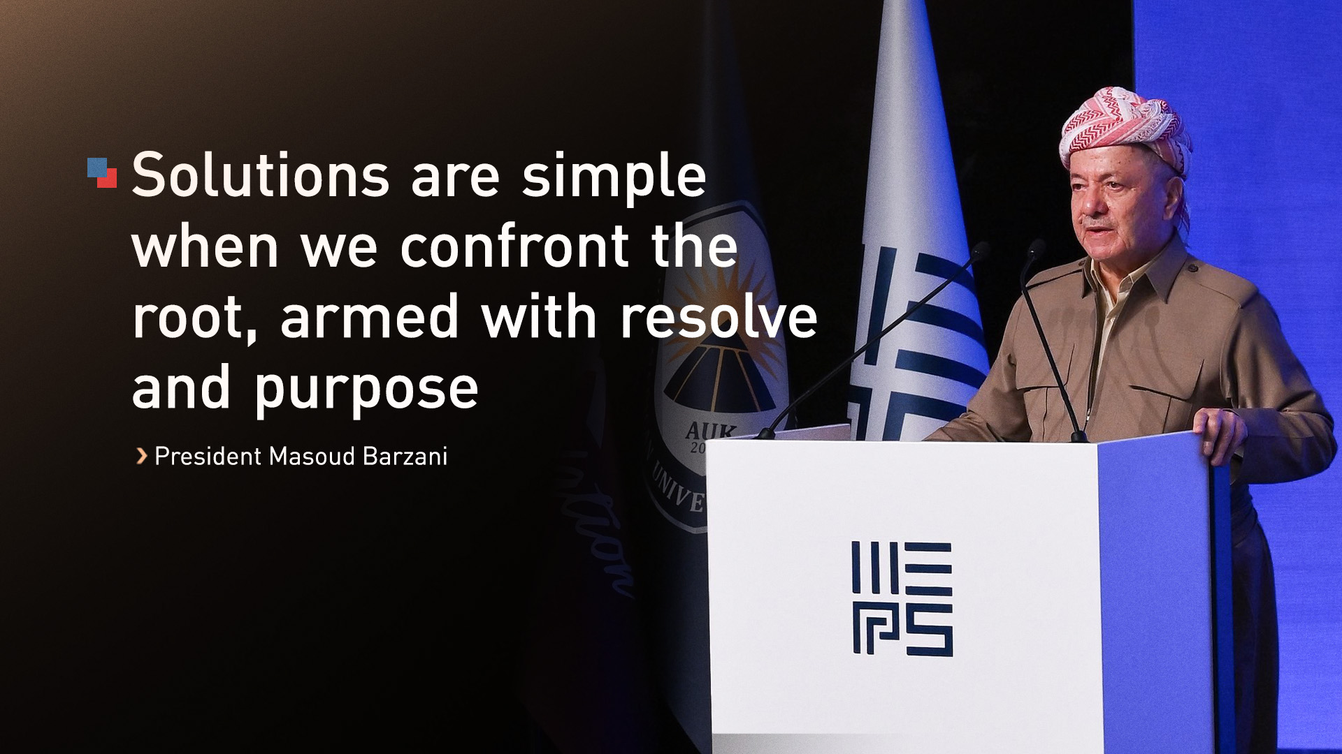 President Masoud Barzani, speaking at MEPS 2025, Nov. 18, 2025. (Photo: Kurdistan24)
