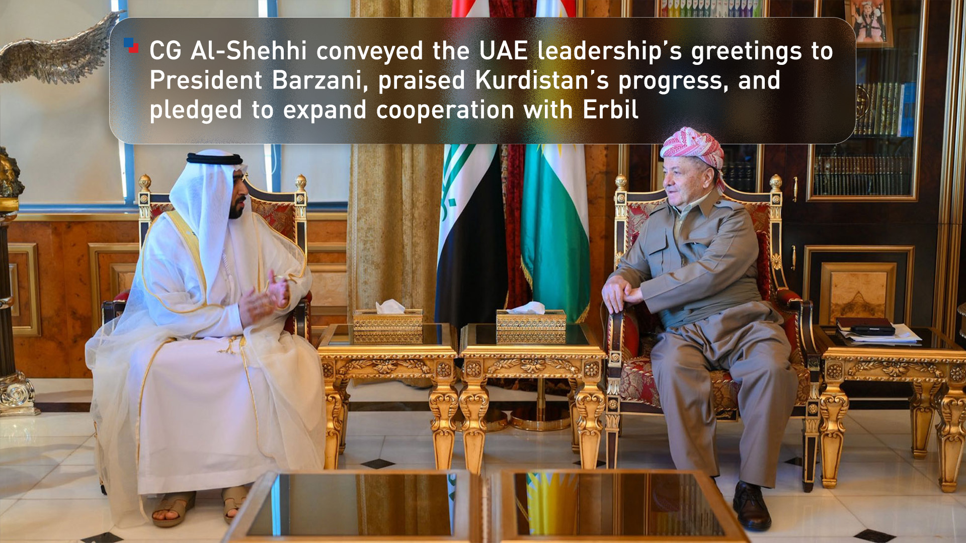 President Masoud Barzani, R, UAE CG in Erbil, Ahmed Hassan Ahmed Sulaiman Al-Shehhi, Pirmam, Erbil, Nov. 23, 2025. (Photo: Kurdistan24)