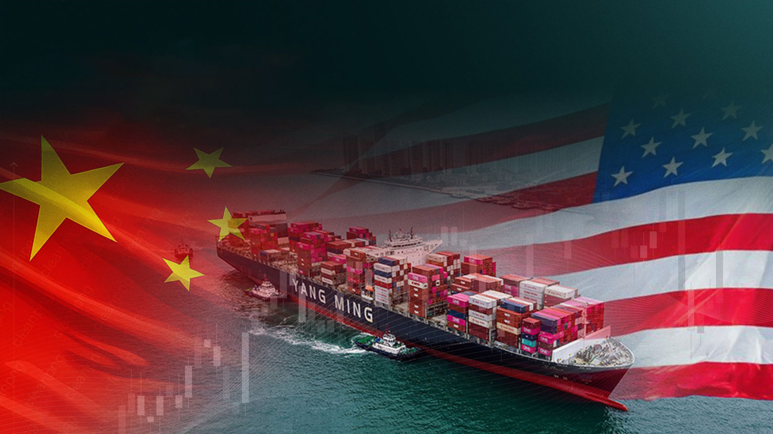 A Chinse cargo ship sails in the ocean with flags of China and US in the background. (Graphics: Kurdistan24)