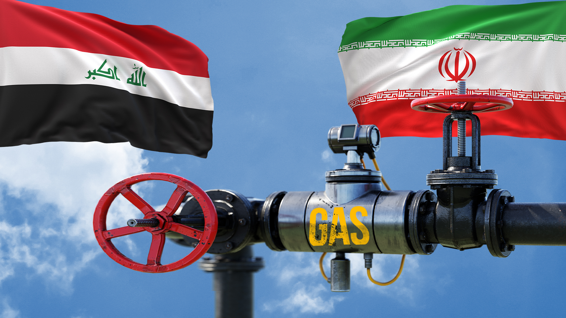 A gas pipeline with a control valve, with the Iraqi and Iranian flags in the background. (Graphic: Kurdistan24)