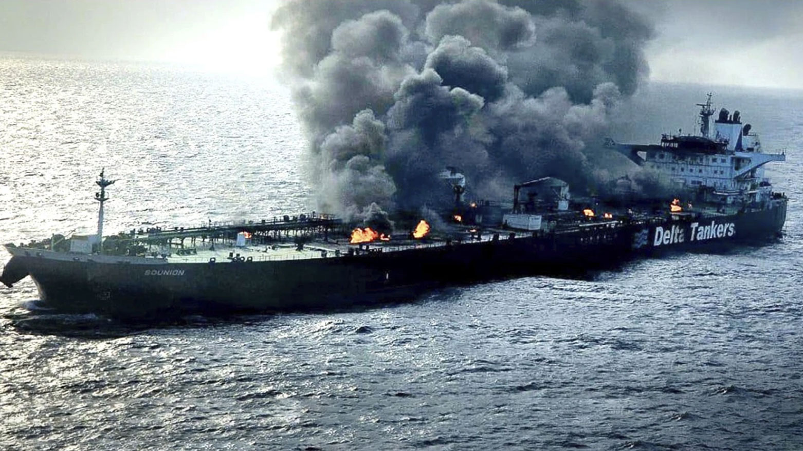 oil tanker Sounion burning in the Red Sea, (AP)